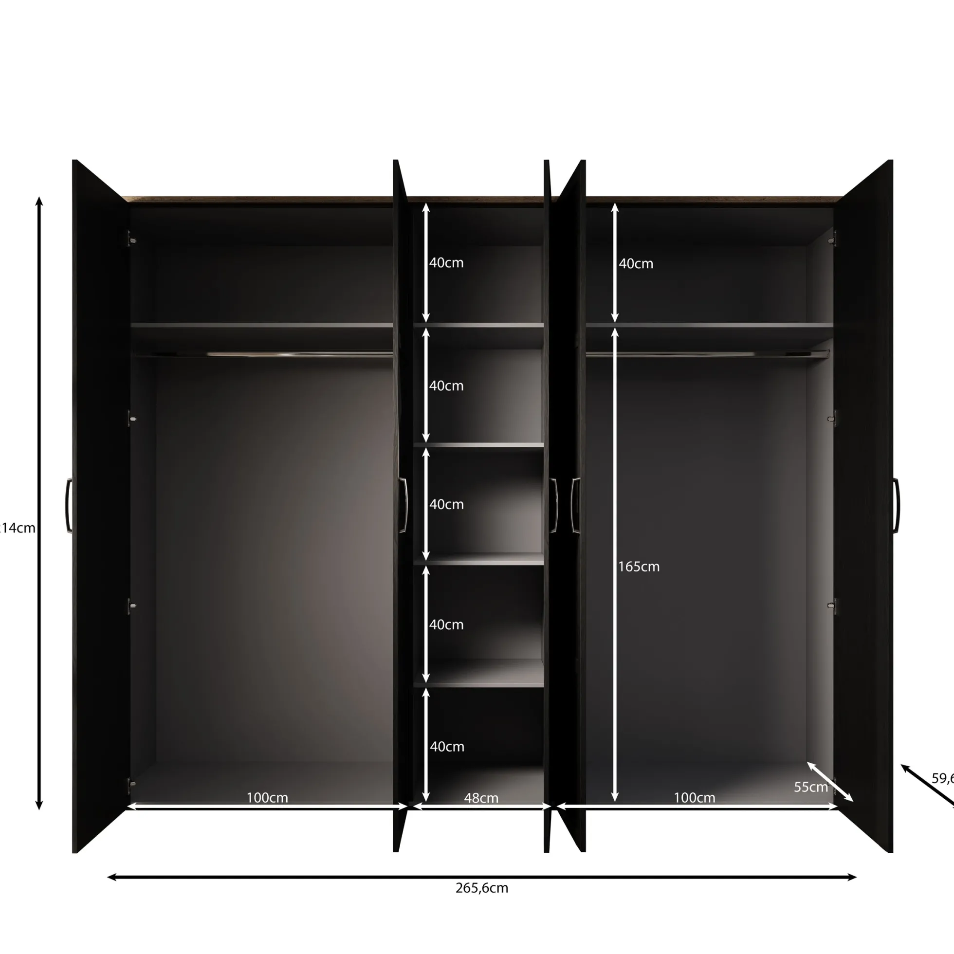 Borello - Kledingkast 5 deurs - Zwart - 266x60x214 cm