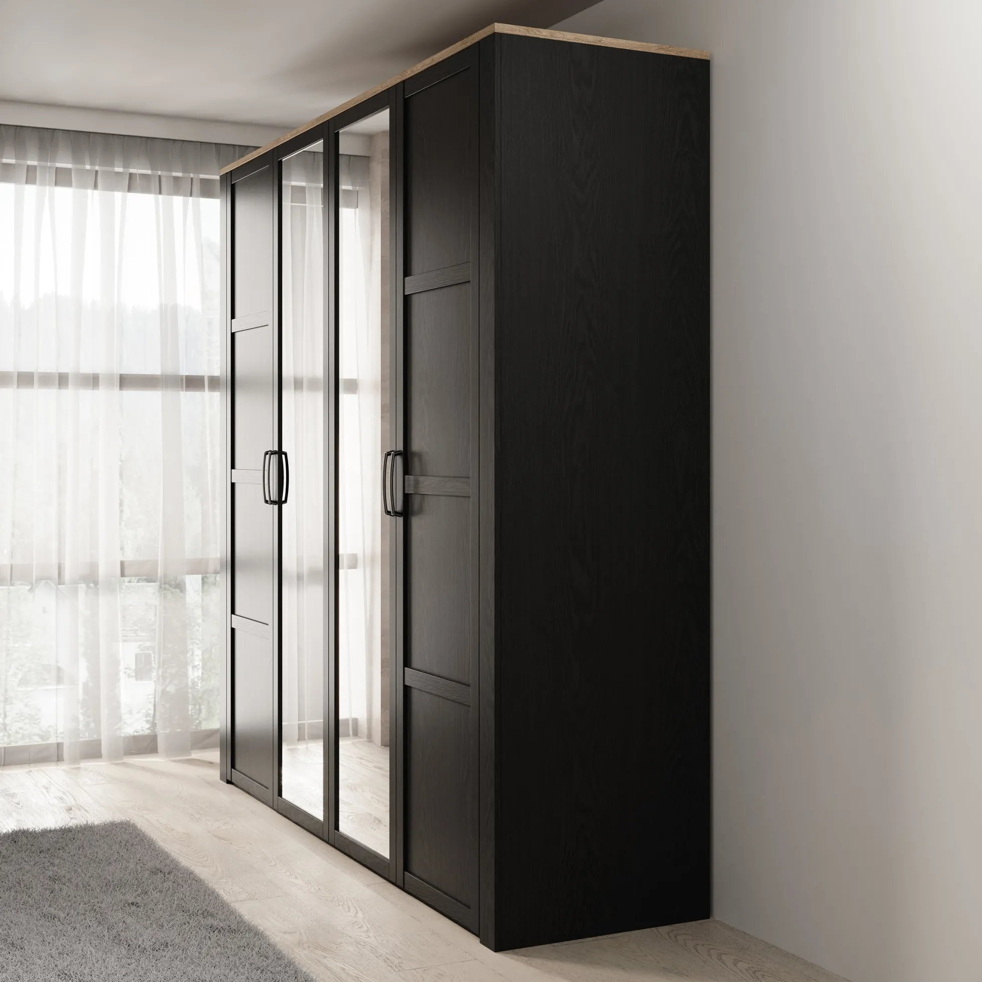 Borello - Kledingkast met 4 deuren - Zwart - 216x60x214 cm