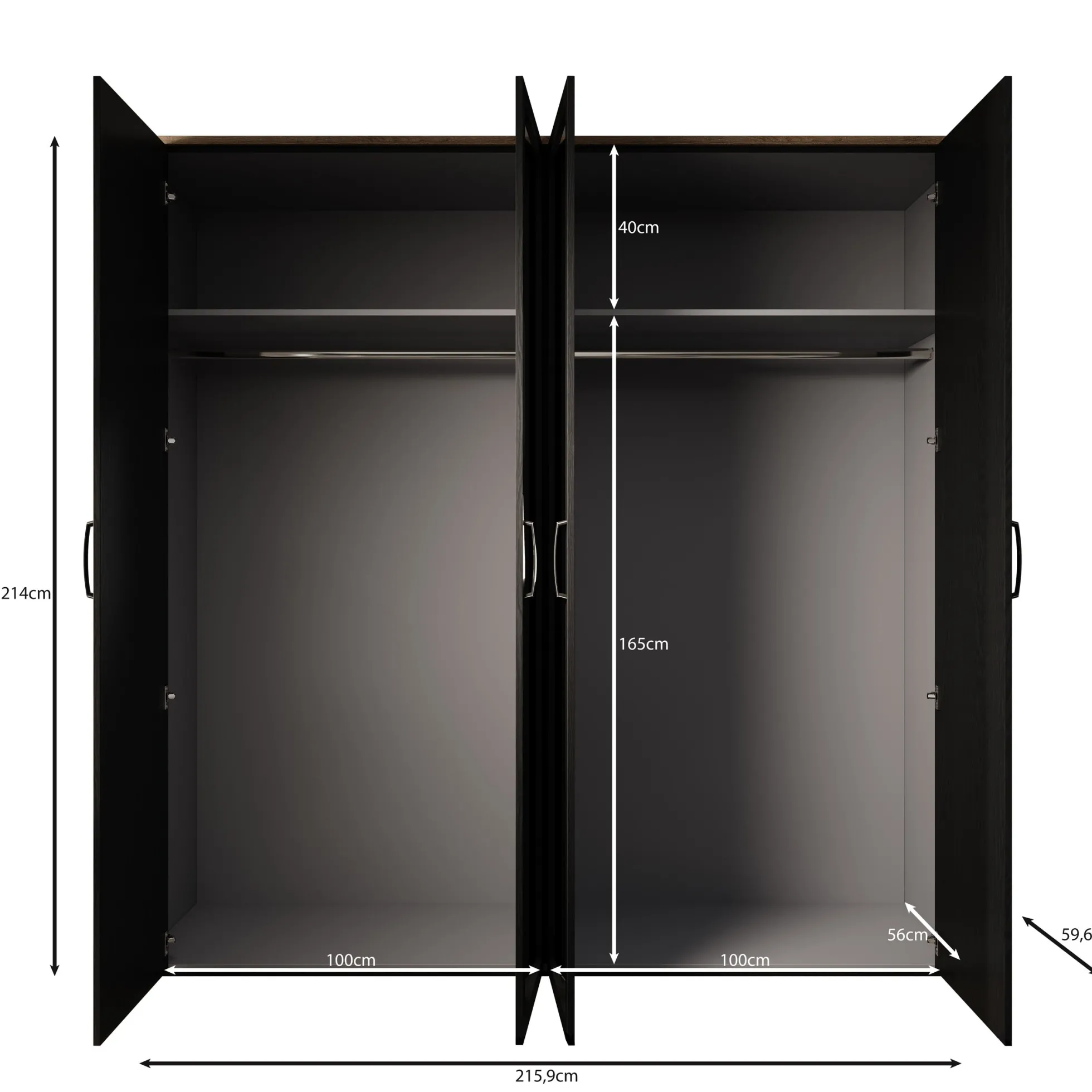 Borello - Kledingkast met 4 deuren - Zwart - 216x60x214 cm