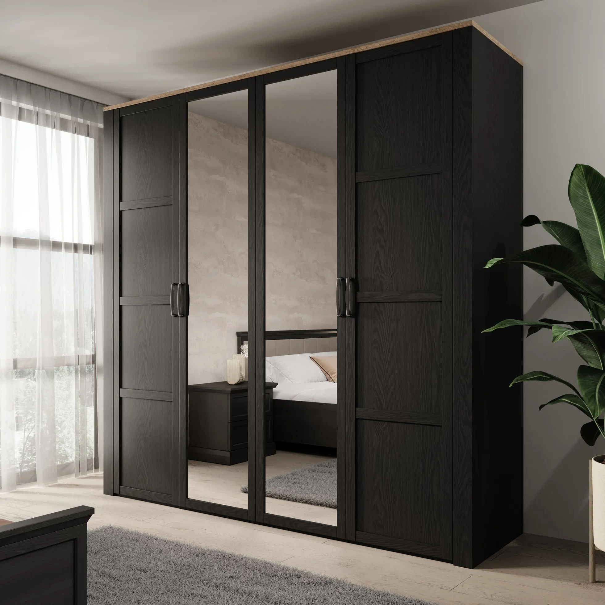 Borello - Kledingkast met 4 deuren - Zwart - 216x60x214 cm