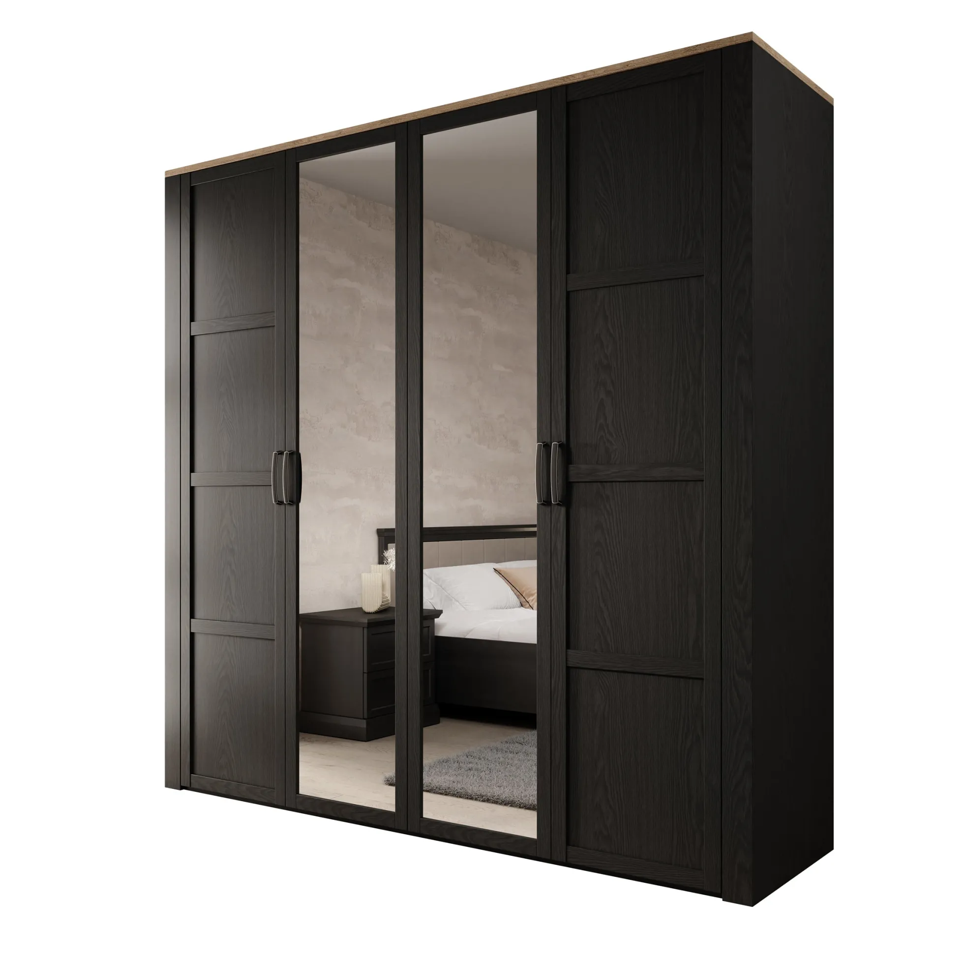 Borello - Kledingkast met 4 deuren - Zwart - 216x60x214 cm