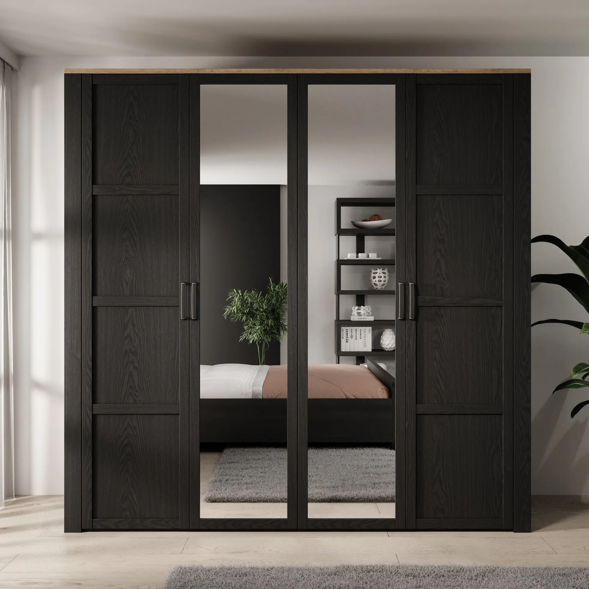 Borello - Kledingkast met 4 deuren - Zwart - 216x60x214 cm
