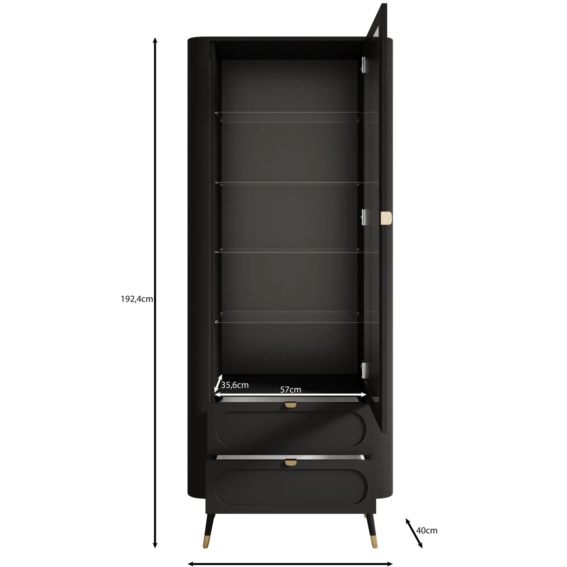 Borneo - Vitrinekast - Zwart - 78x40x192 cm
