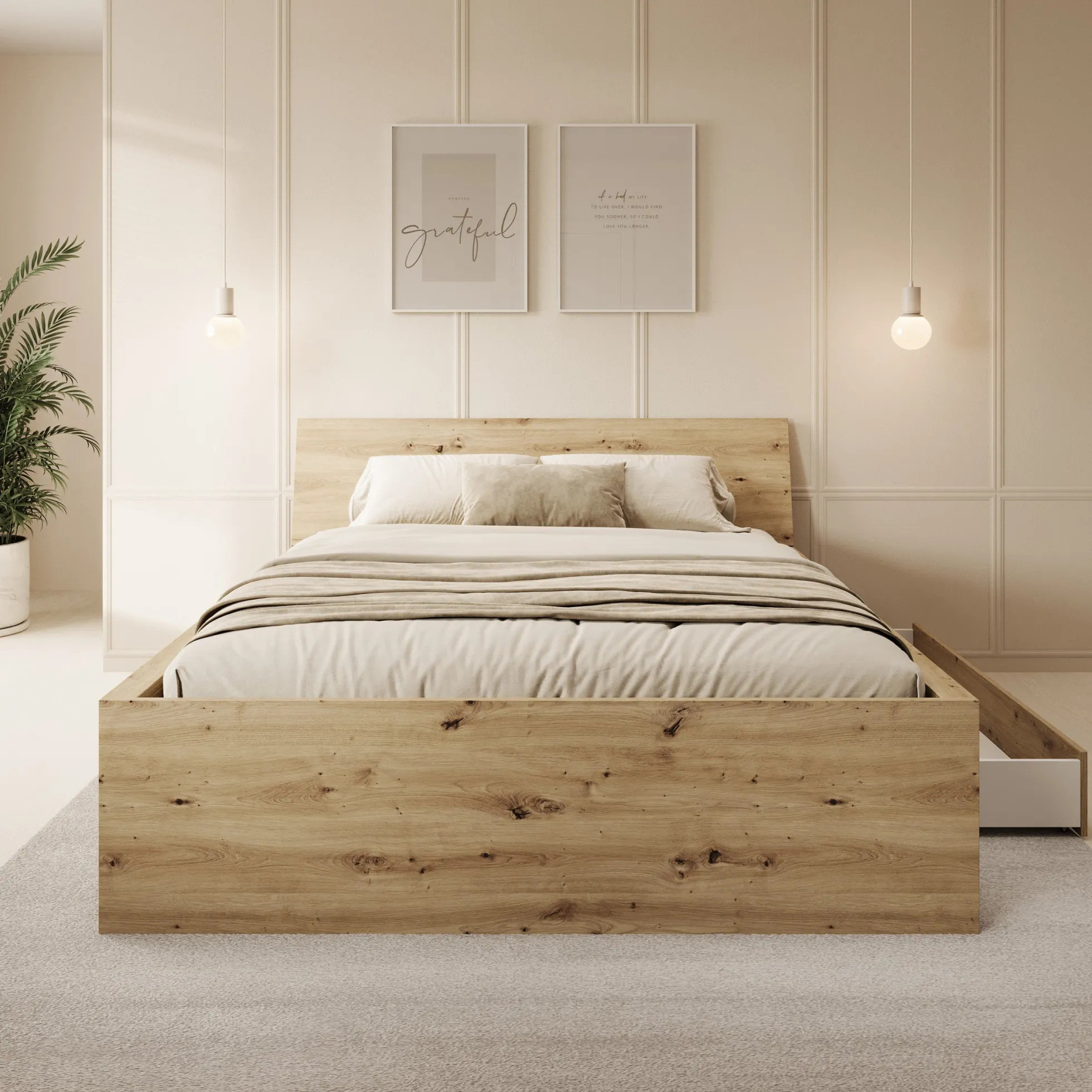 Brett - Tweepersoonsbed met lade - Eiken - 160x200 cm