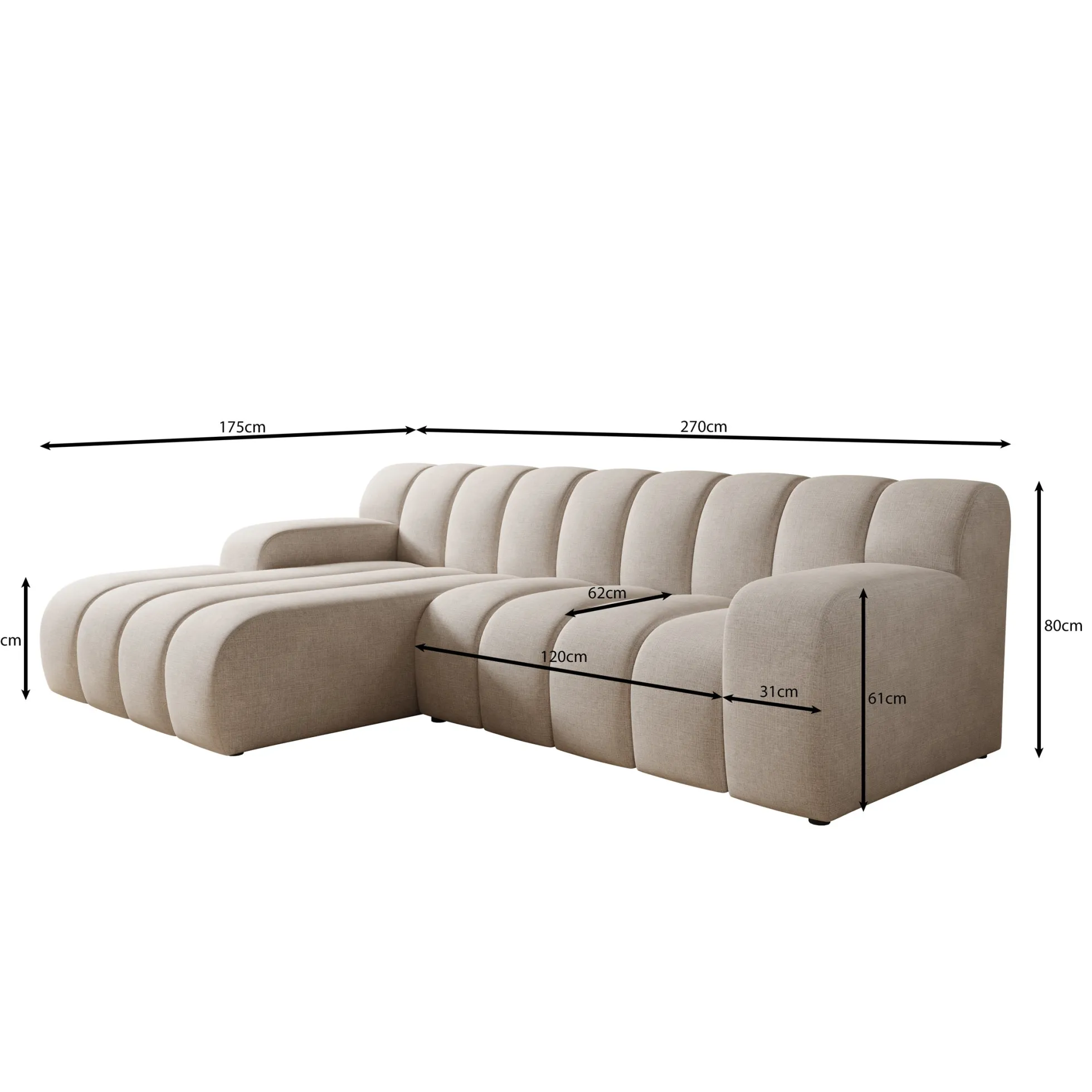 Brunello - Hoekbank 3-zits met chaise longue - Stof zwart - Links