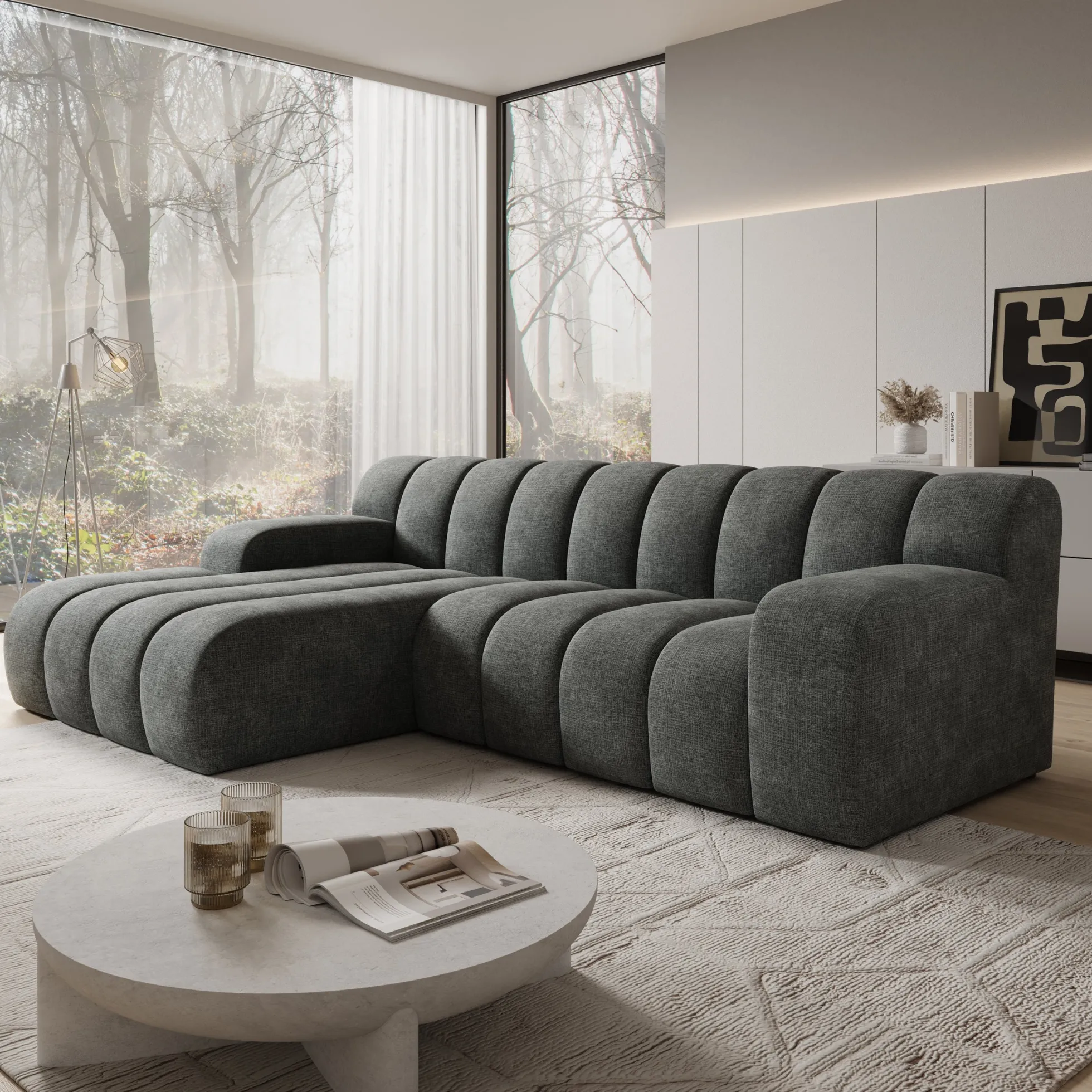 Brunello - Hoekbank 3-zits met chaise longue - Stof zwart - Links