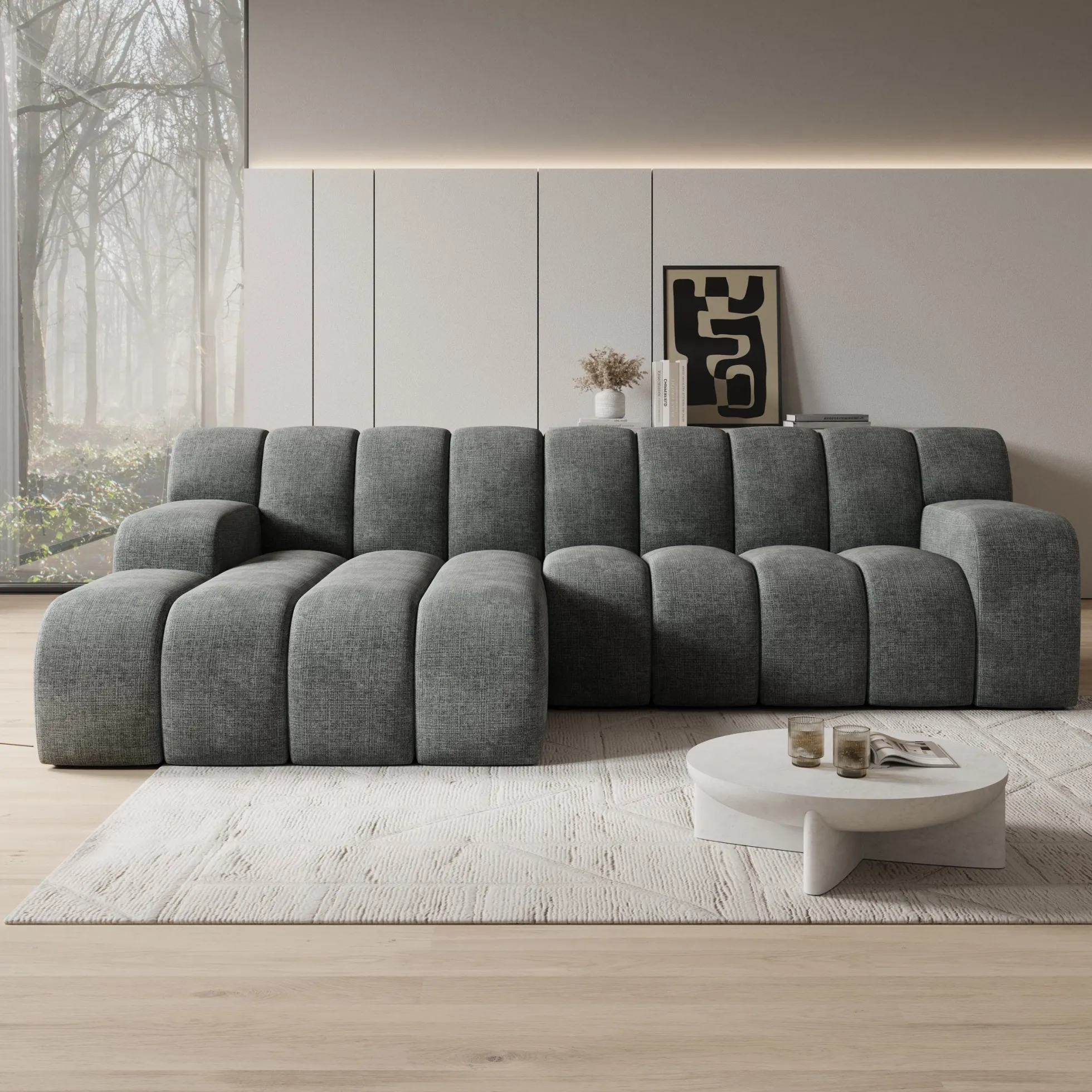 Brunello - Hoekbank 3-zits met chaise longue - Stof zwart - Links