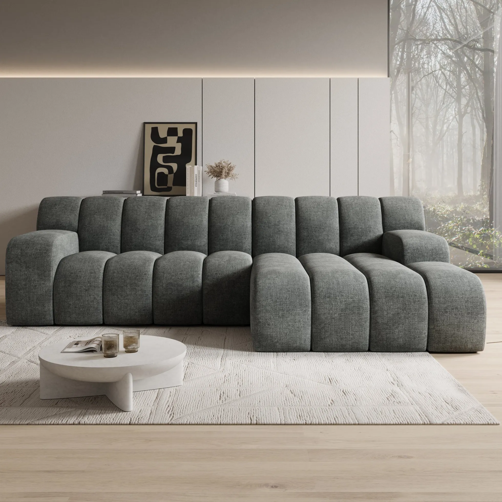 Brunello - Hoekbank 3-zits met chaise longue - Stof zwart - Rechts