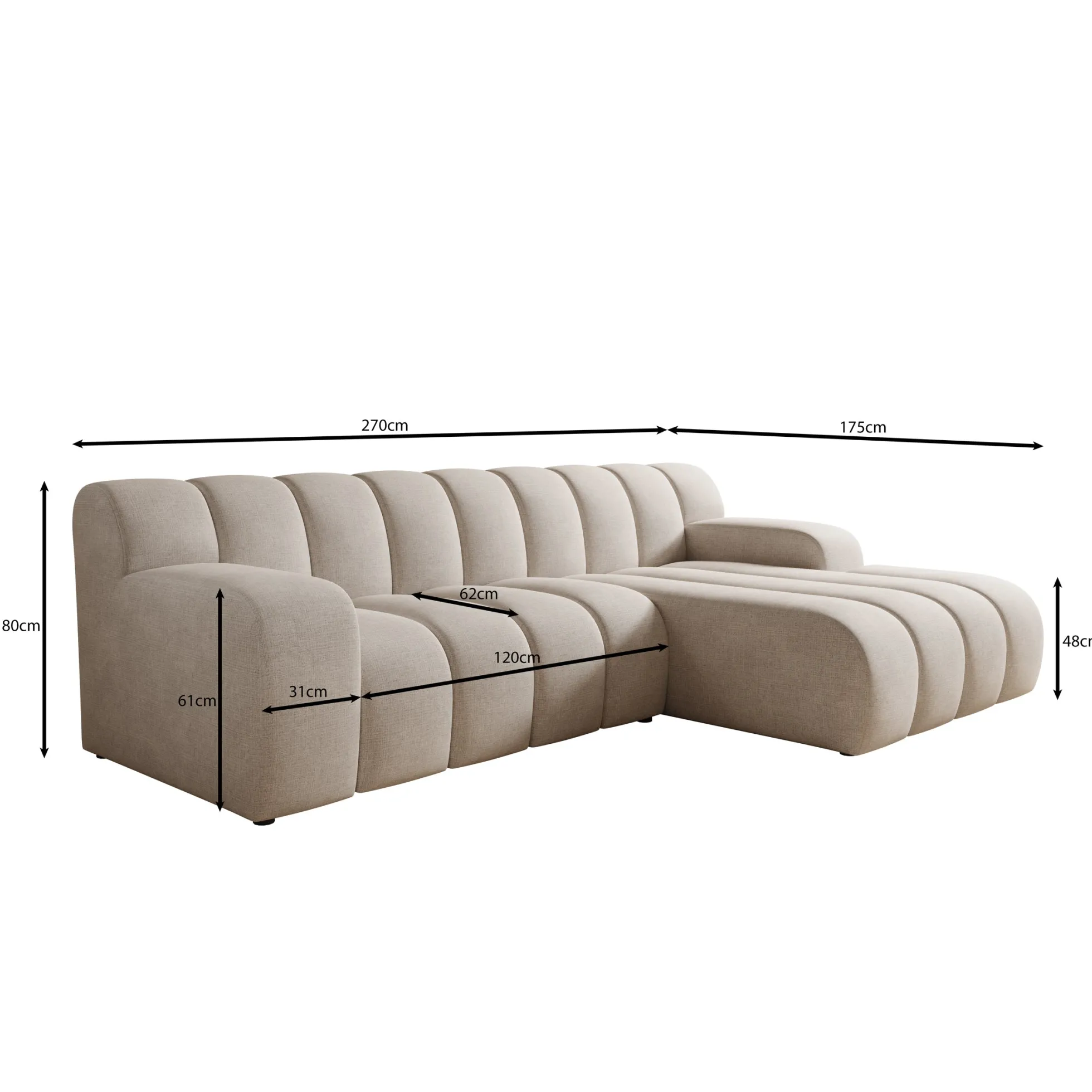Brunello - Hoekbank 3-zits met chaise longue - Stof zwart - Rechts
