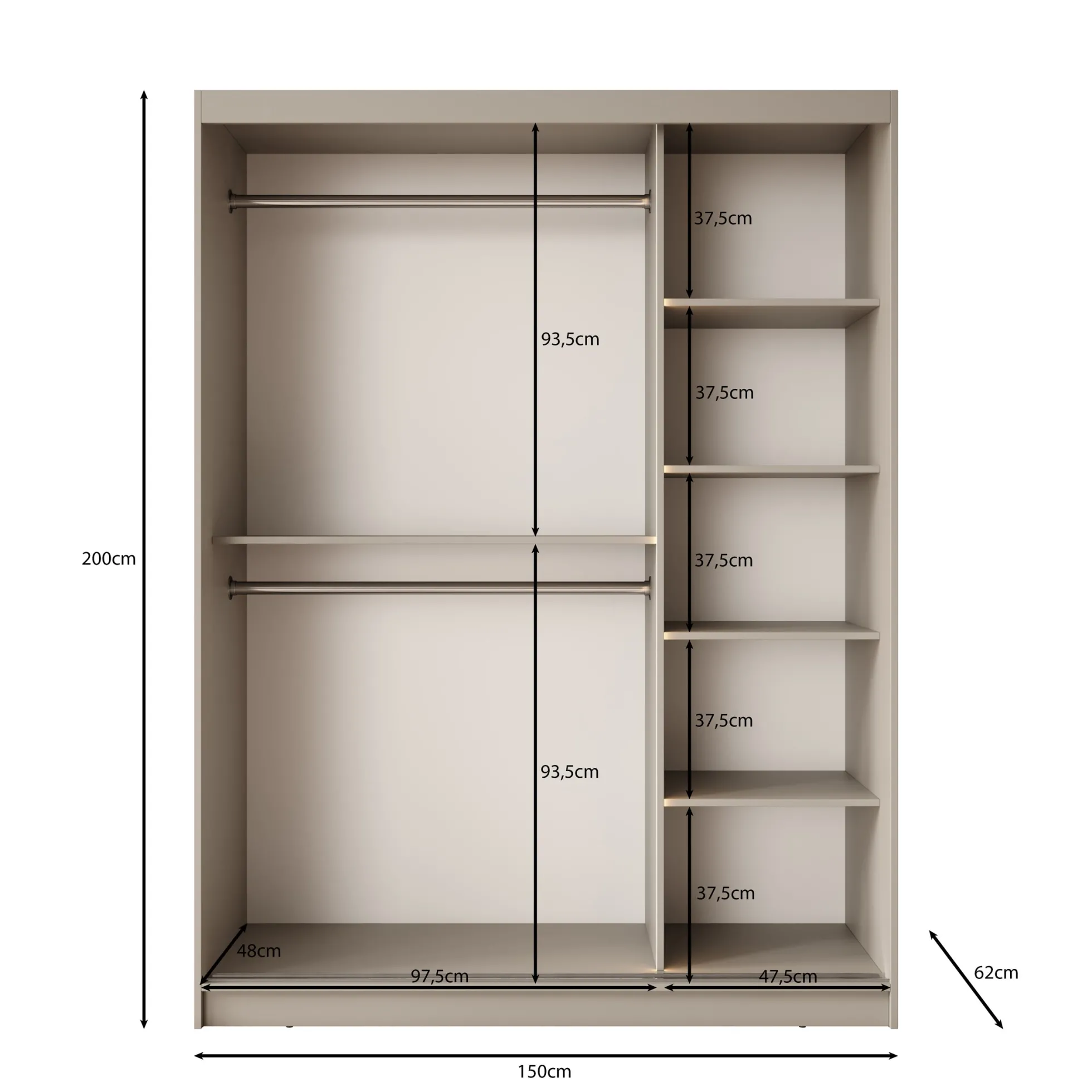 Bunaro - Kledingkast - Zwart - 150x62x200 cm