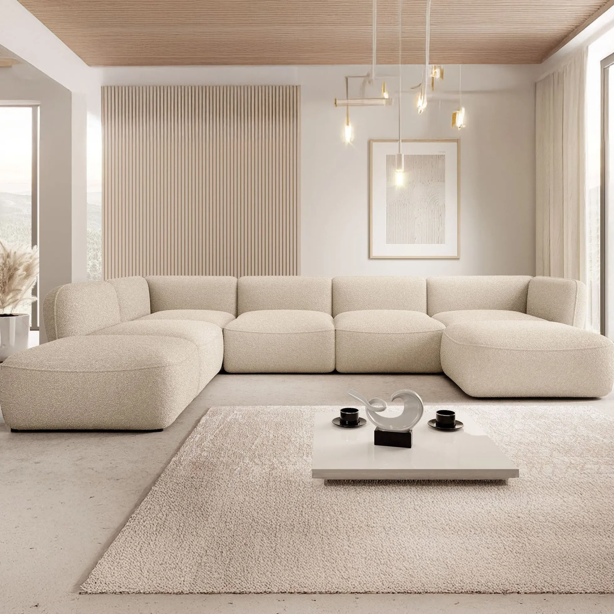 Caesar - Hoekbank 5-zits met chaise longue - Teddystof beige - Links -