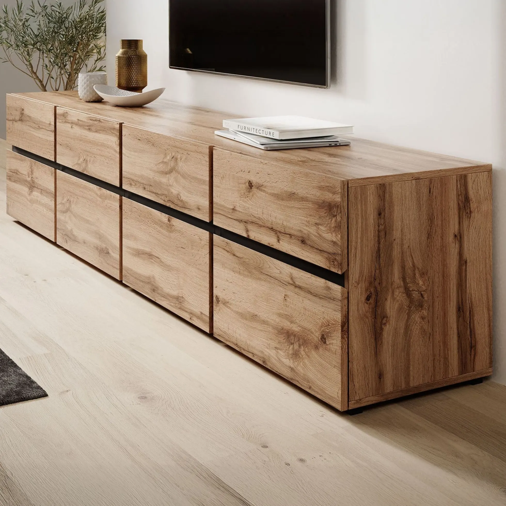 Cainan - TV-Meubel - met 4 lades - Eiken - 225 cm