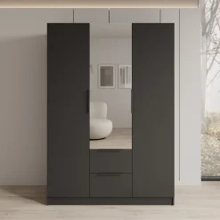 Caliero - Kledingkast 3-deurs met spiegel - Zwart - 150x60x216 cm