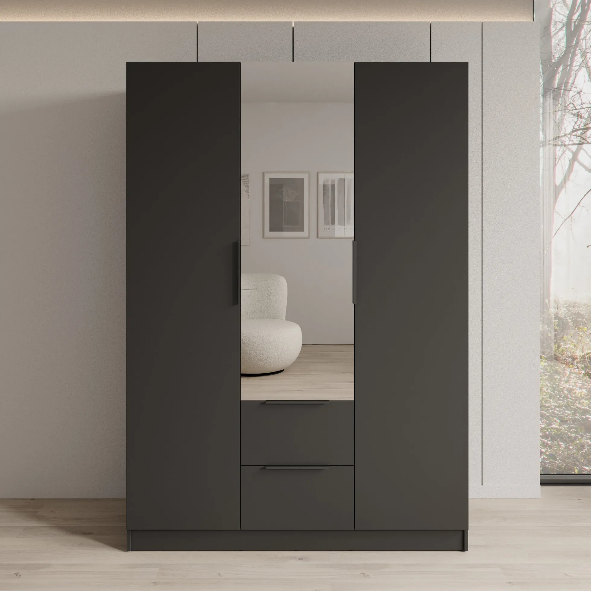 Caliero - Kledingkast 3-deurs met spiegel - Zwart - 150x60x216 cm