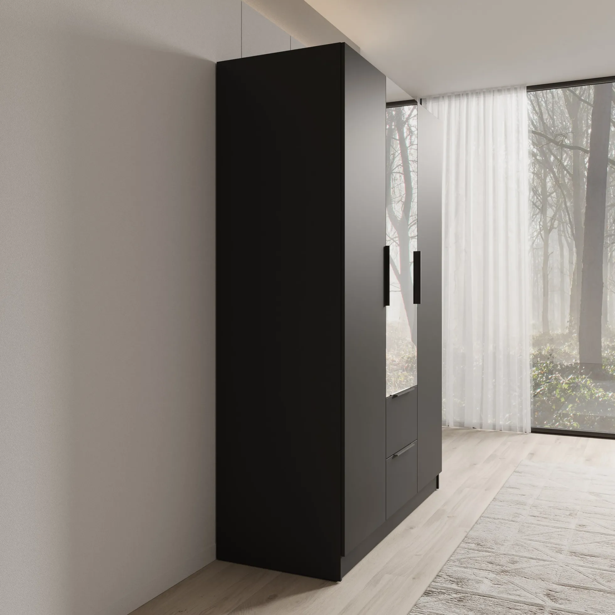 Caliero - Kledingkast 3-deurs met spiegel - Zwart - 150x60x216 cm