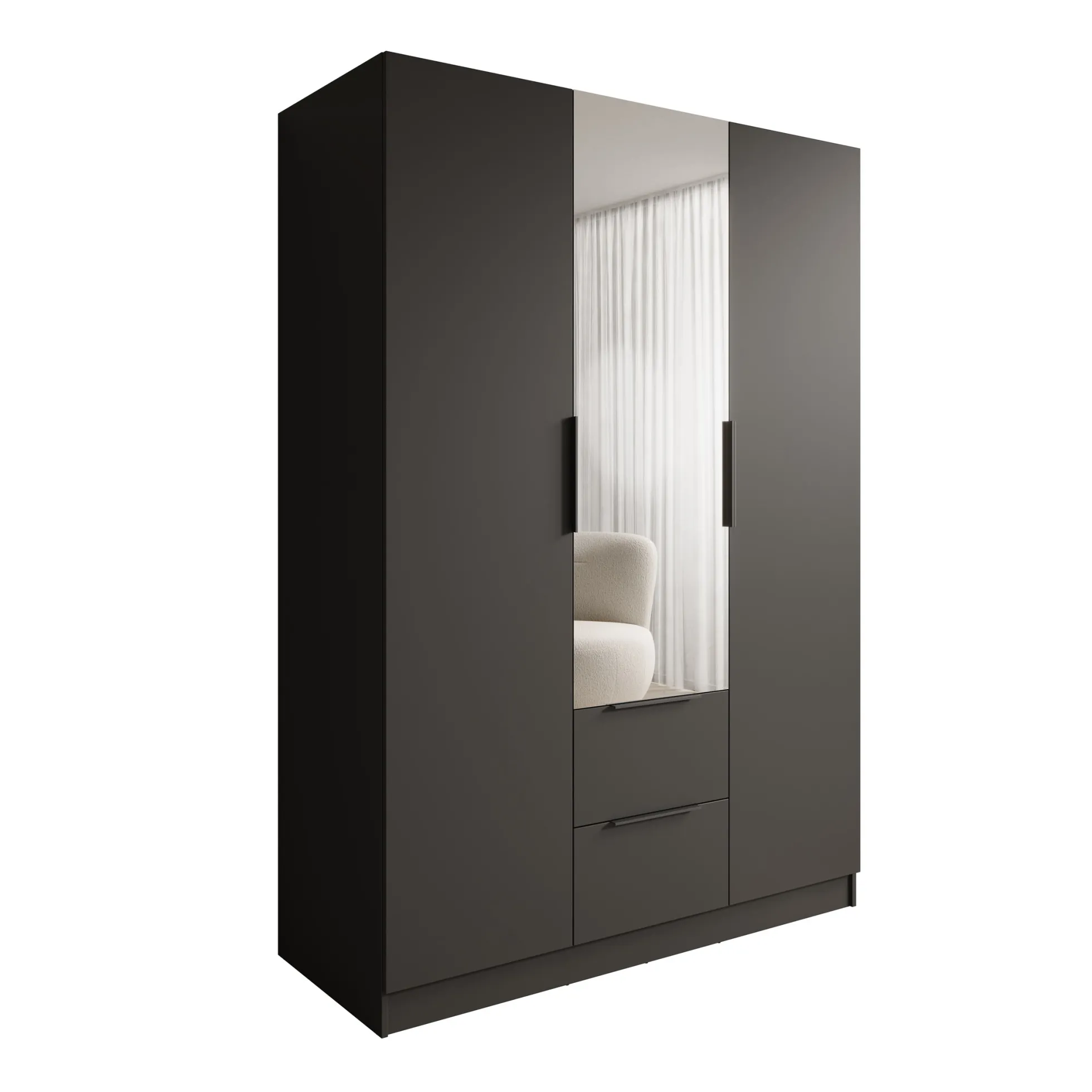 Caliero - Kledingkast 3-deurs met spiegel - Zwart - 150x60x216 cm
