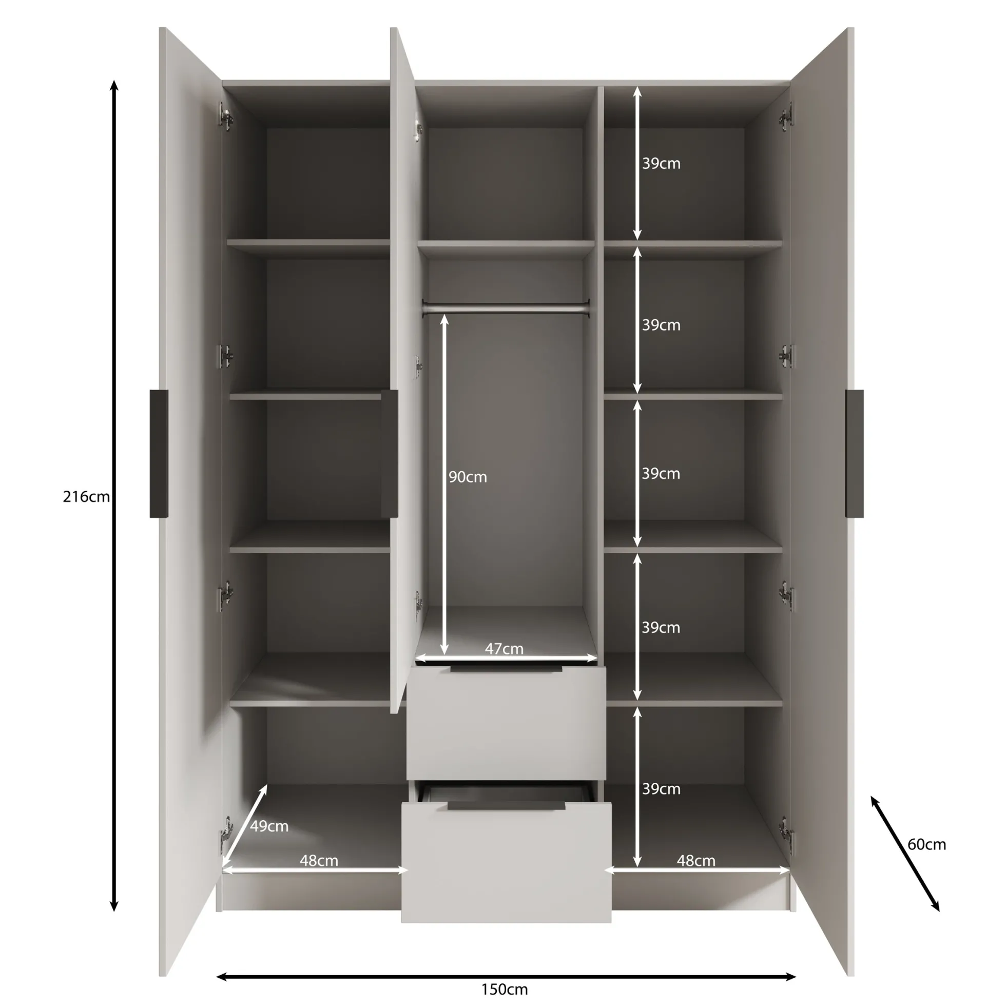Caliero - Kledingkast 3-deurs met spiegel - Zwart - 150x60x216 cm