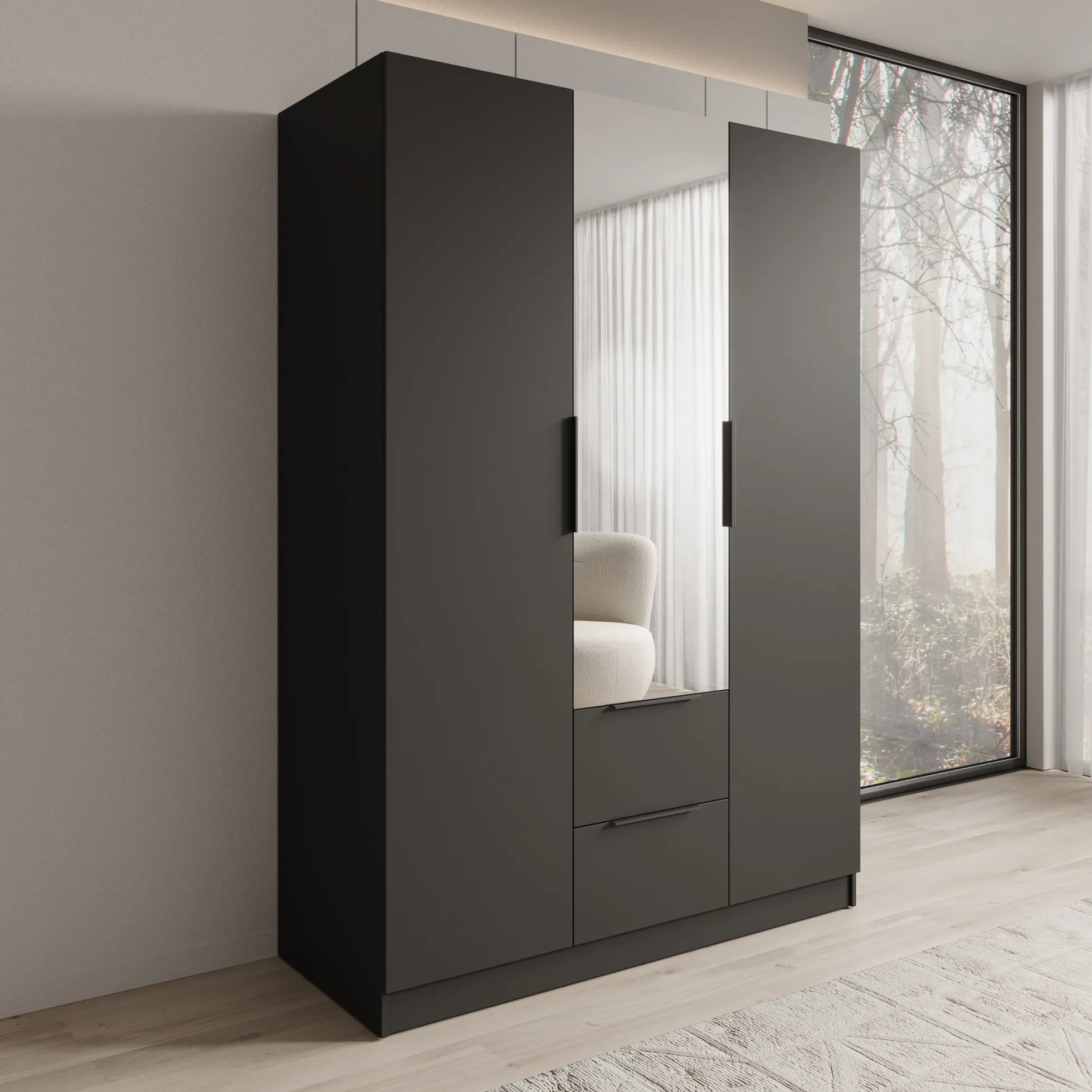 Caliero - Kledingkast 3-deurs met spiegel - Zwart - 150x60x216 cm