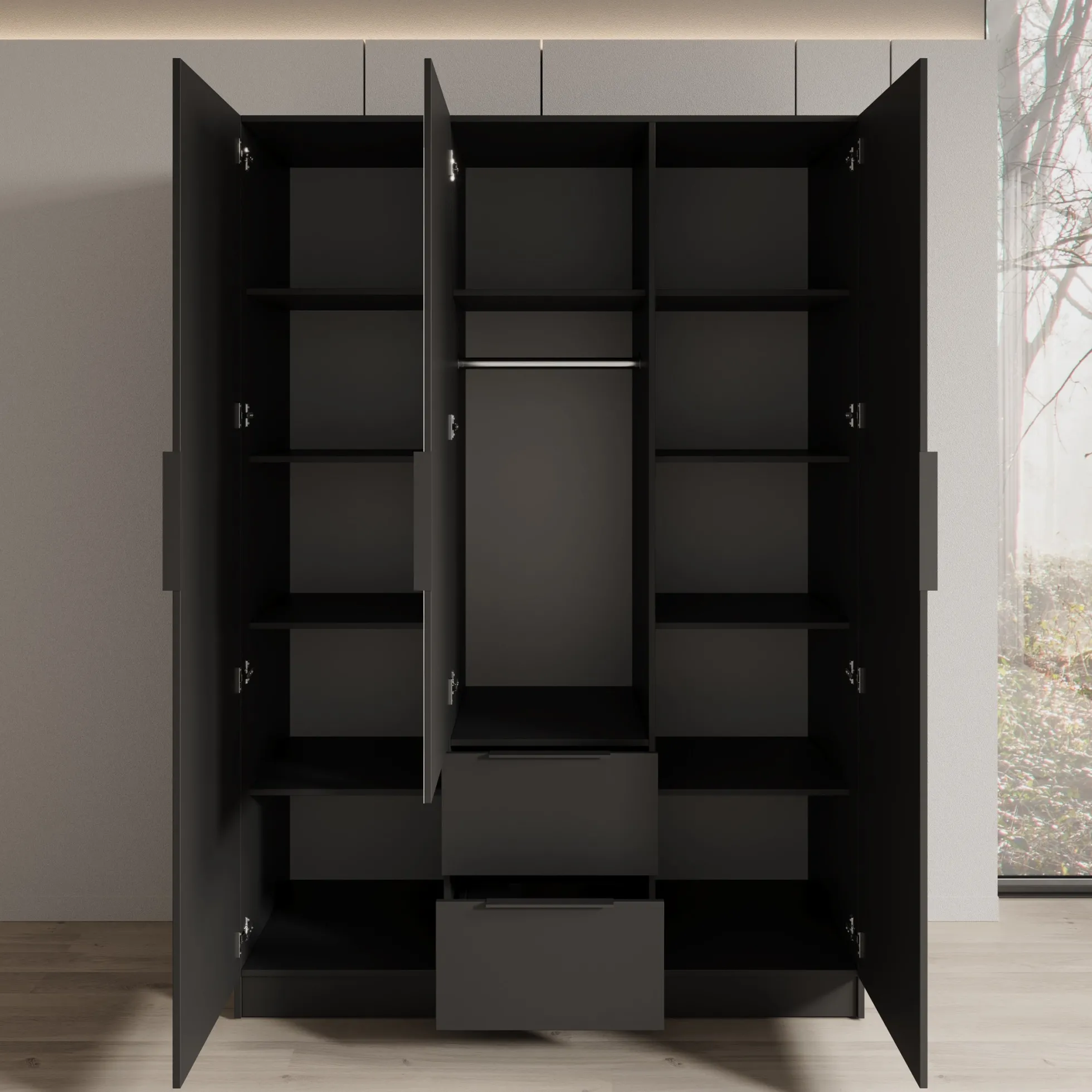 Caliero - Kledingkast 3-deurs met spiegel - Zwart - 150x60x216 cm