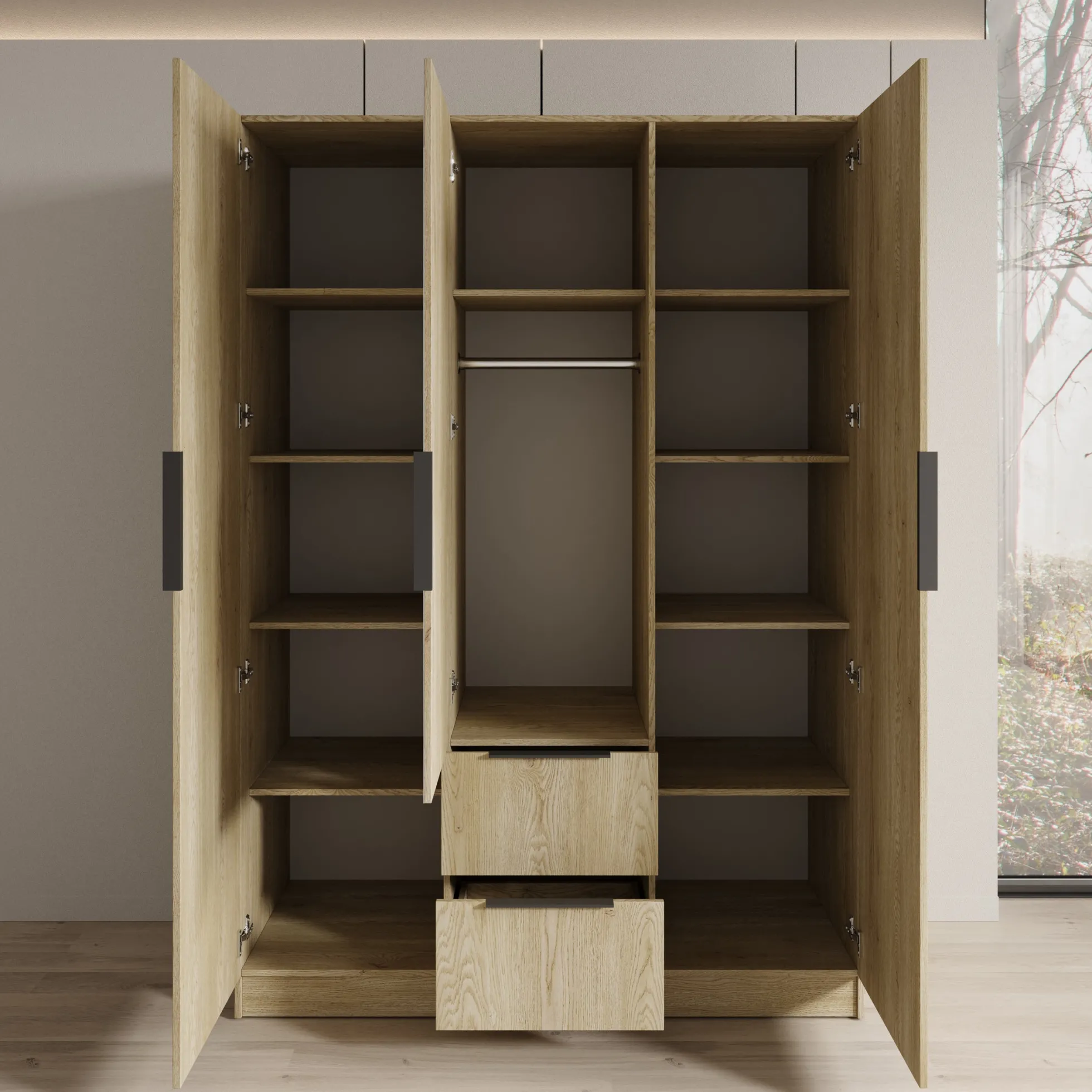 Caliero - Kledingkast 3-deurs met spiegel - Eikenpatroon - 150x60x216