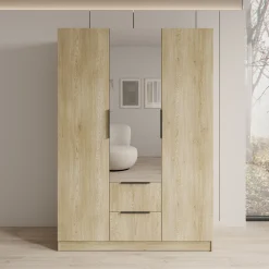Caliero - Kledingkast 3-deurs met spiegel - Eikenpatroon - 150x60x216