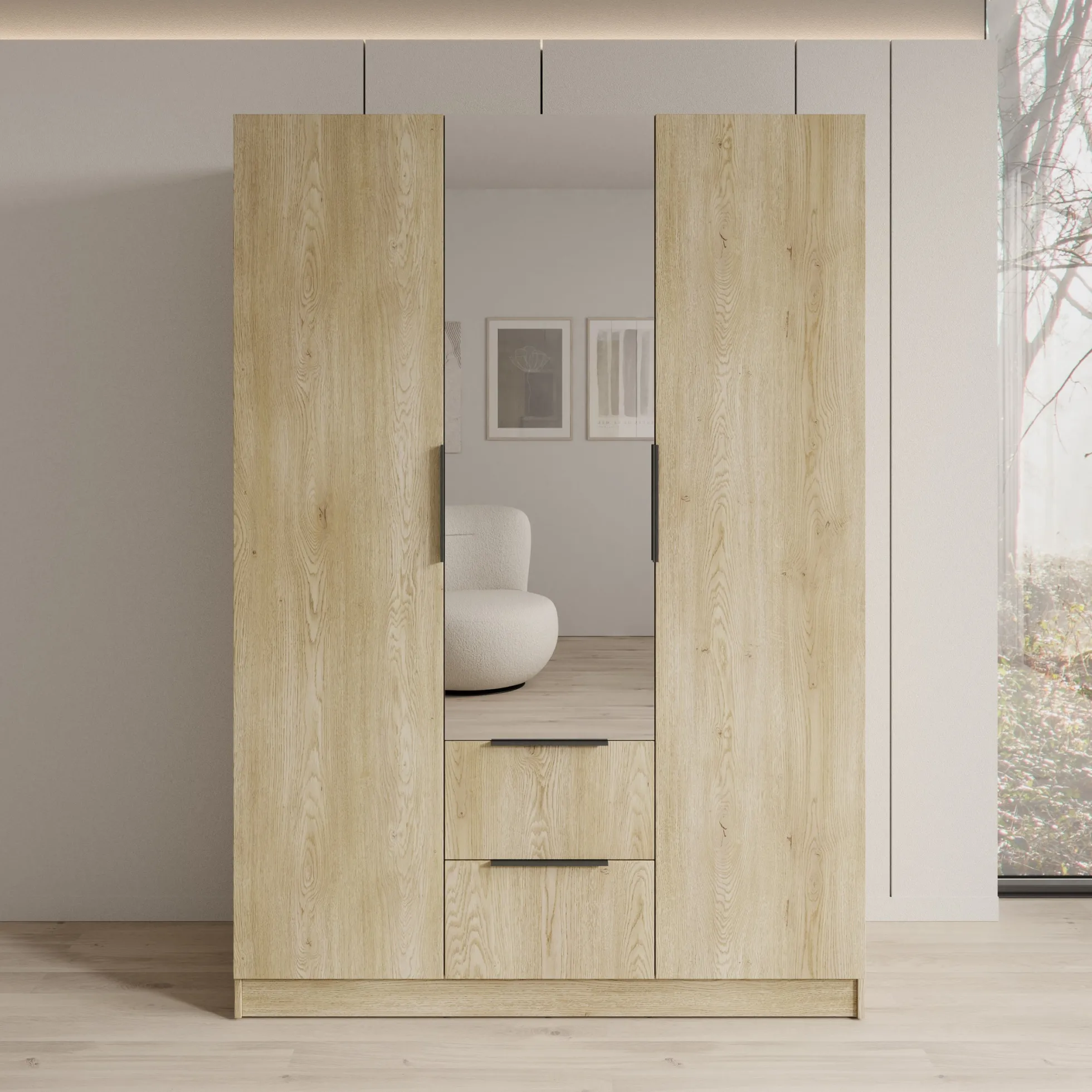 Caliero - Kledingkast 3-deurs met spiegel - Eikenpatroon - 150x60x216