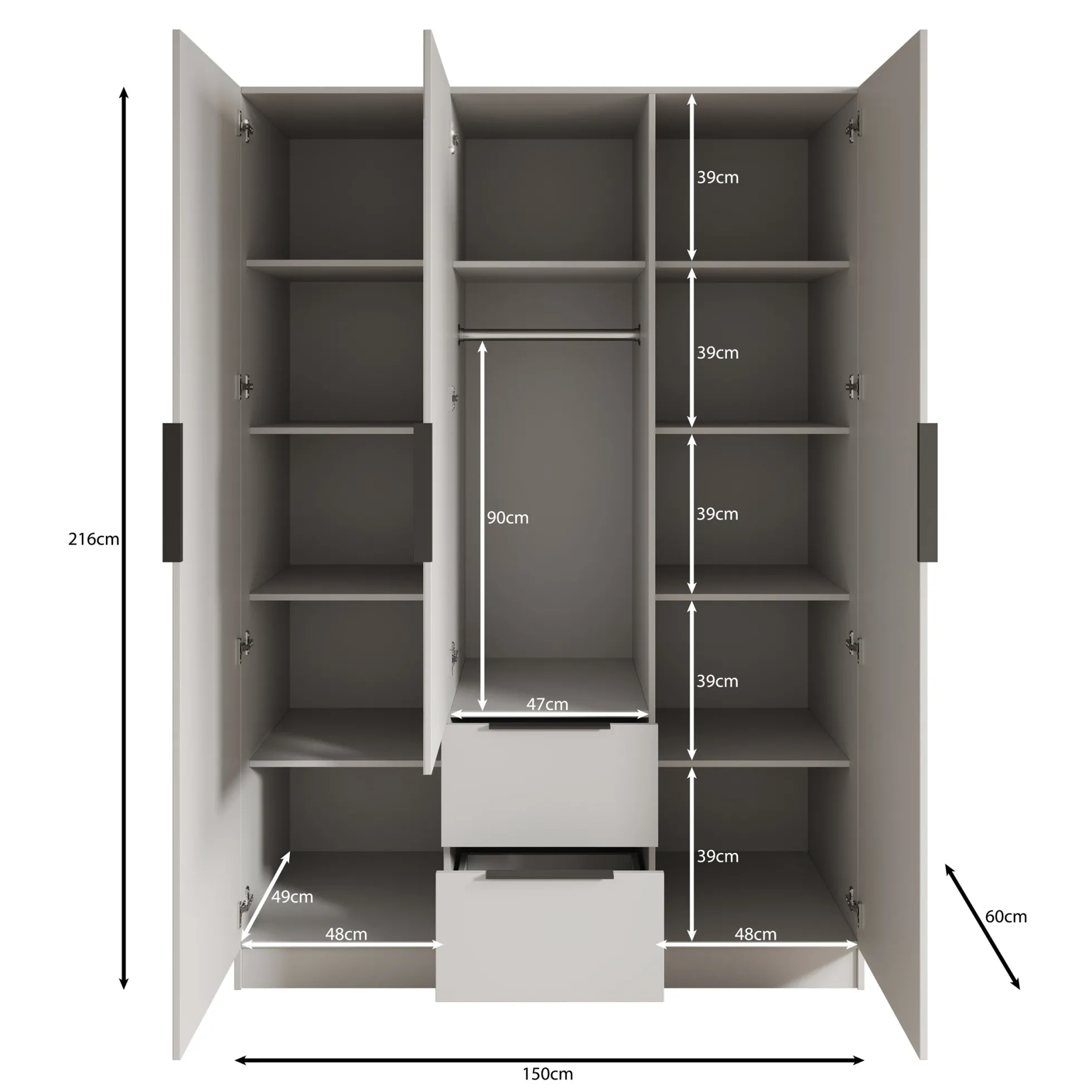 Caliero - Kledingkast 3-deurs met spiegel - Eikenpatroon - 150x60x216