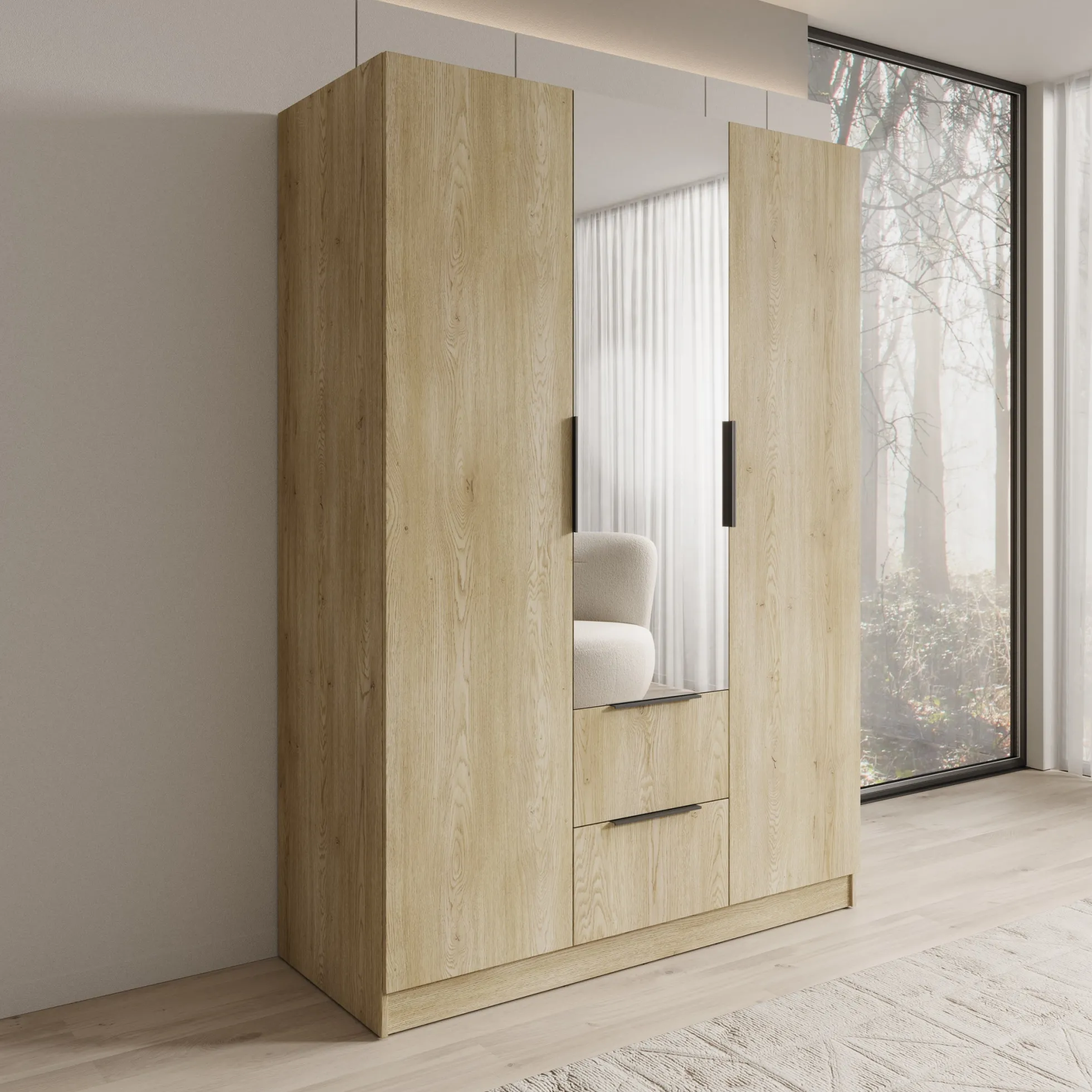 Caliero - Kledingkast 3-deurs met spiegel - Eikenpatroon - 150x60x216