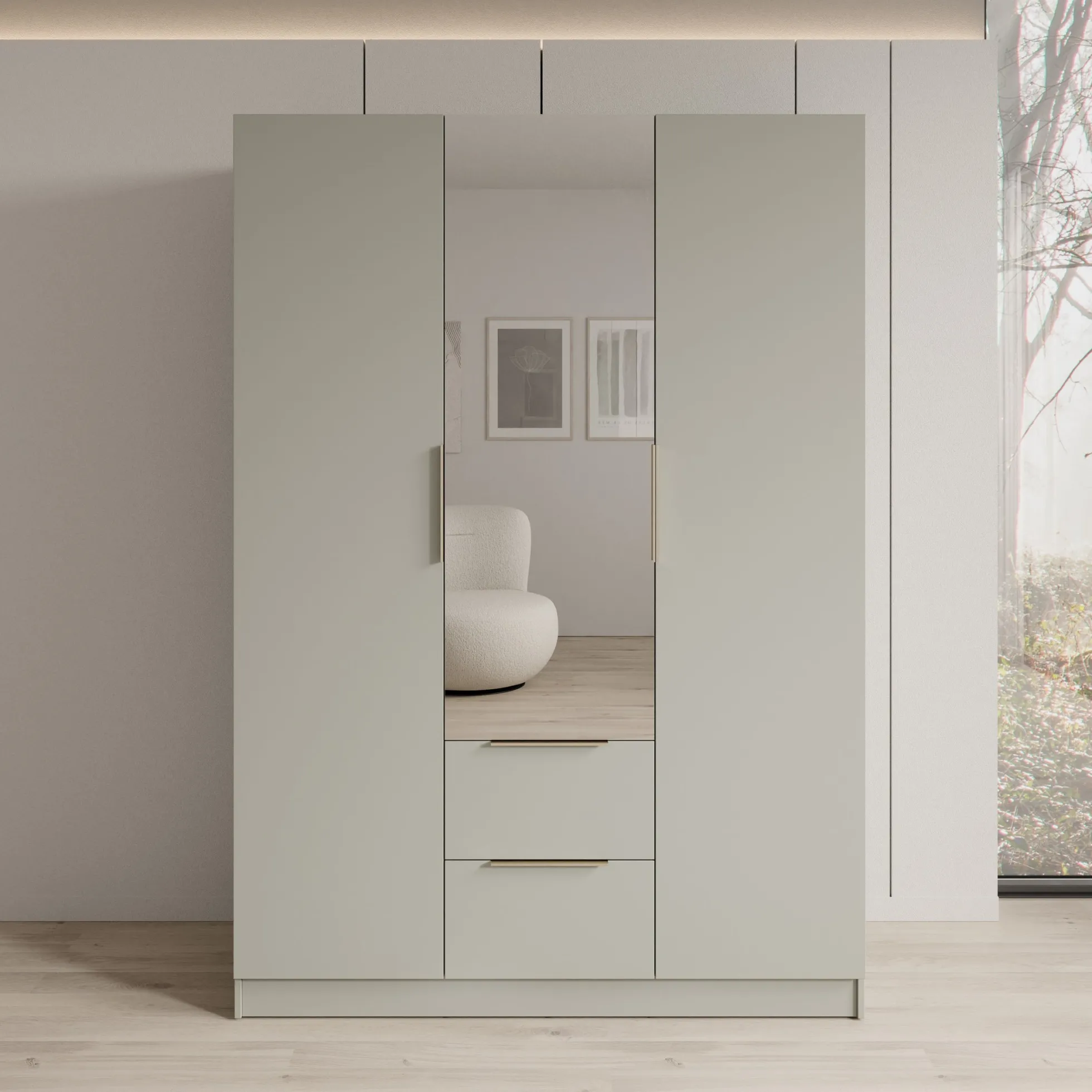 Caliero - Kledingkast 3-deurs met spiegel - Beige - 150x60x216 cm