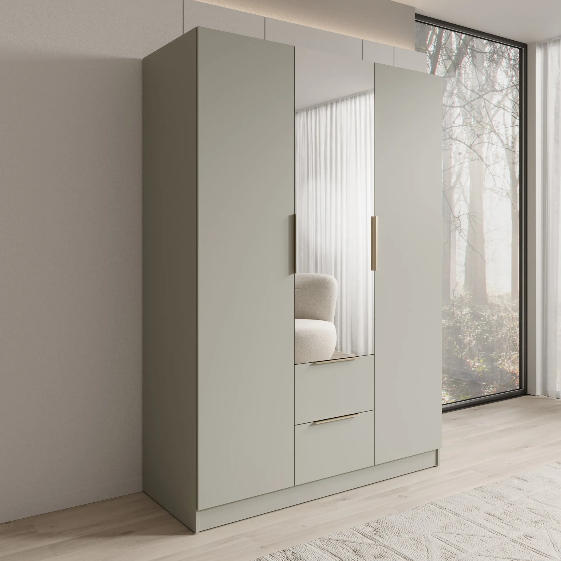 Caliero - Kledingkast 3-deurs met spiegel - Beige - 150x60x216 cm