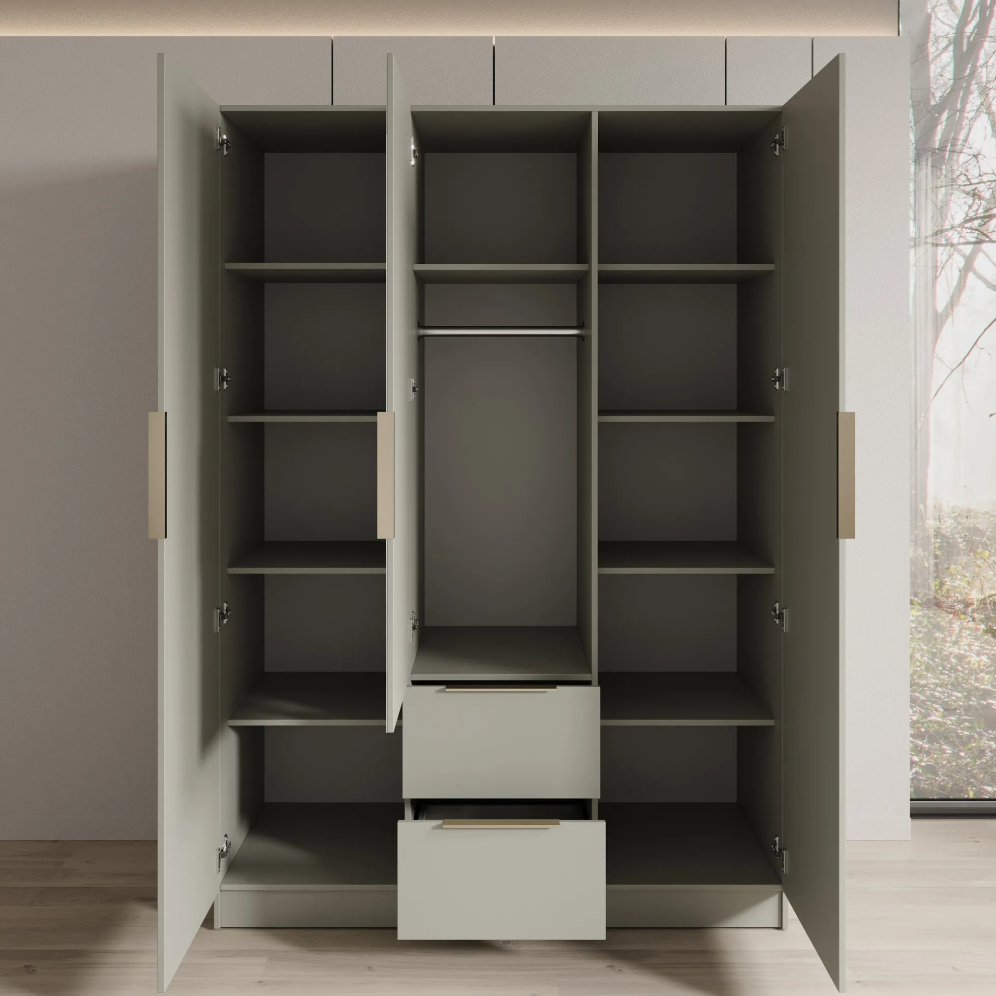 Caliero - Kledingkast 3-deurs met spiegel - Beige - 150x60x216 cm