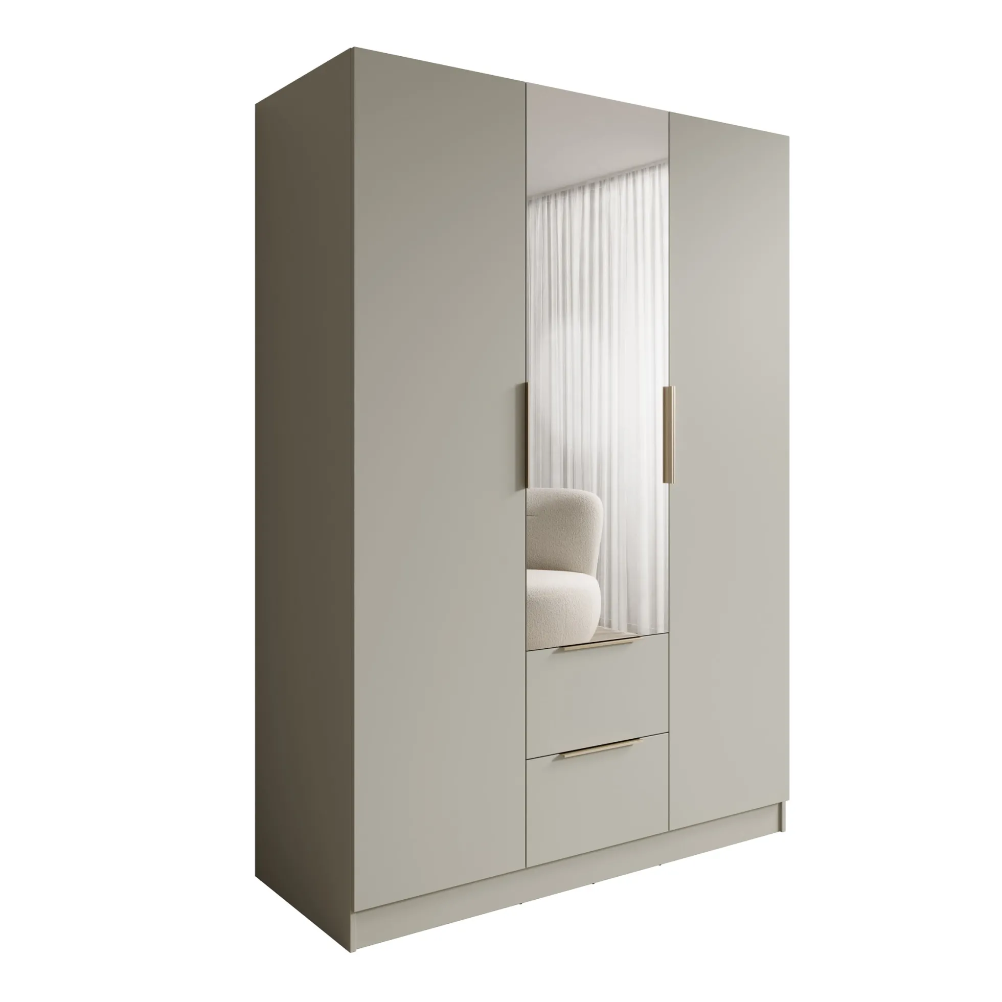 Caliero - Kledingkast 3-deurs met spiegel - Beige - 150x60x216 cm