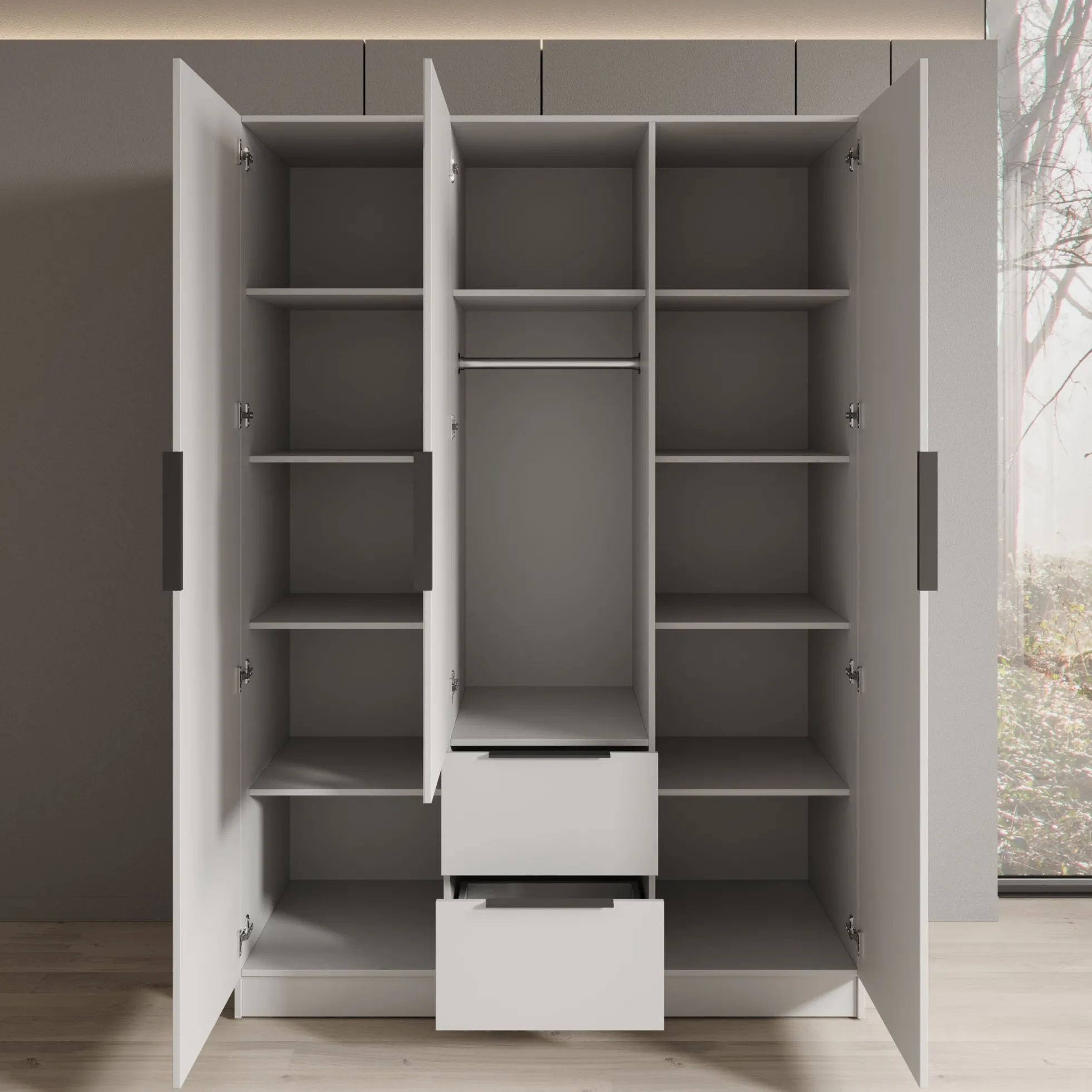 Caliero - Kledingkast 3-deurs met spiegel - Wit - 150x60x216