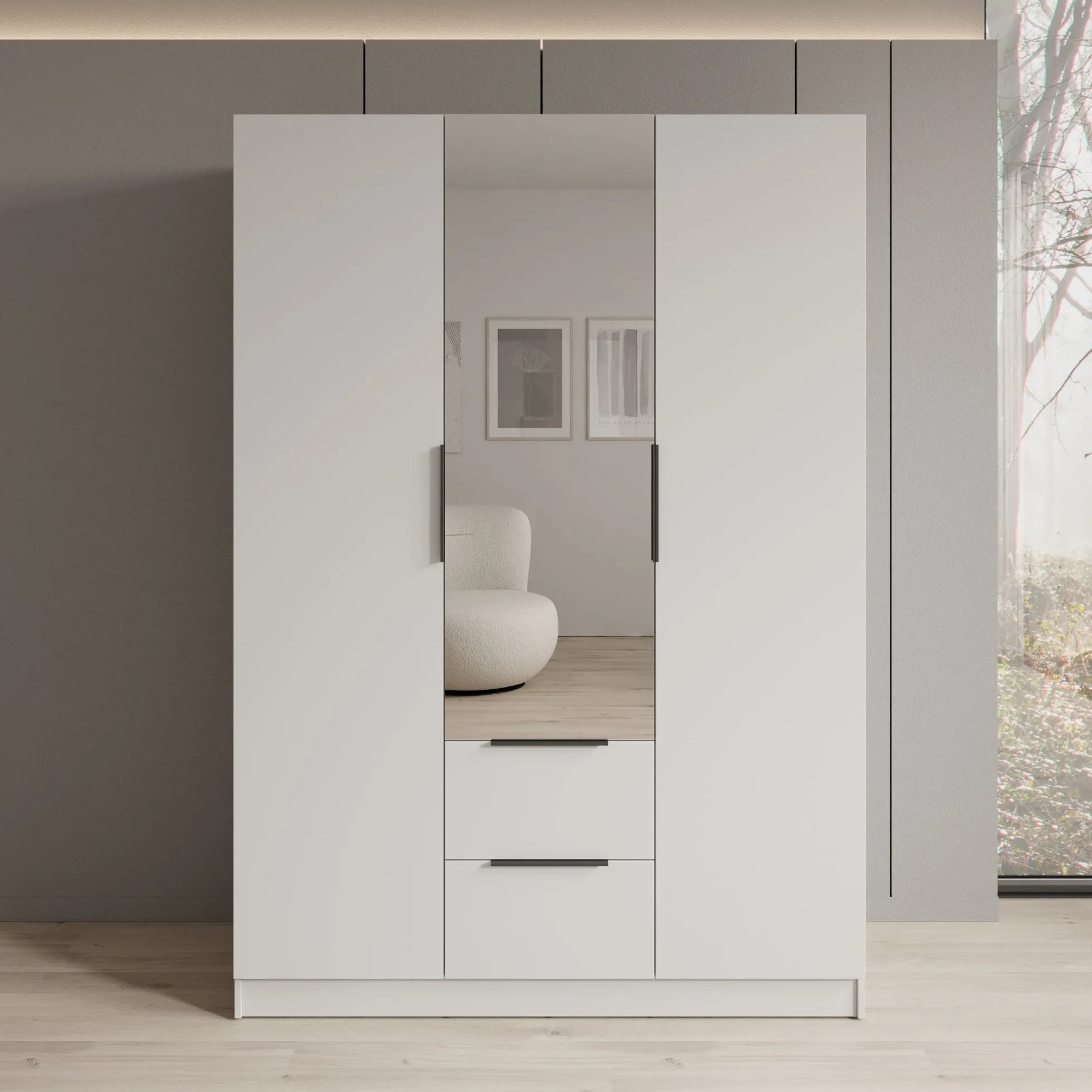 Caliero - Kledingkast 3-deurs met spiegel - Wit - 150x60x216
