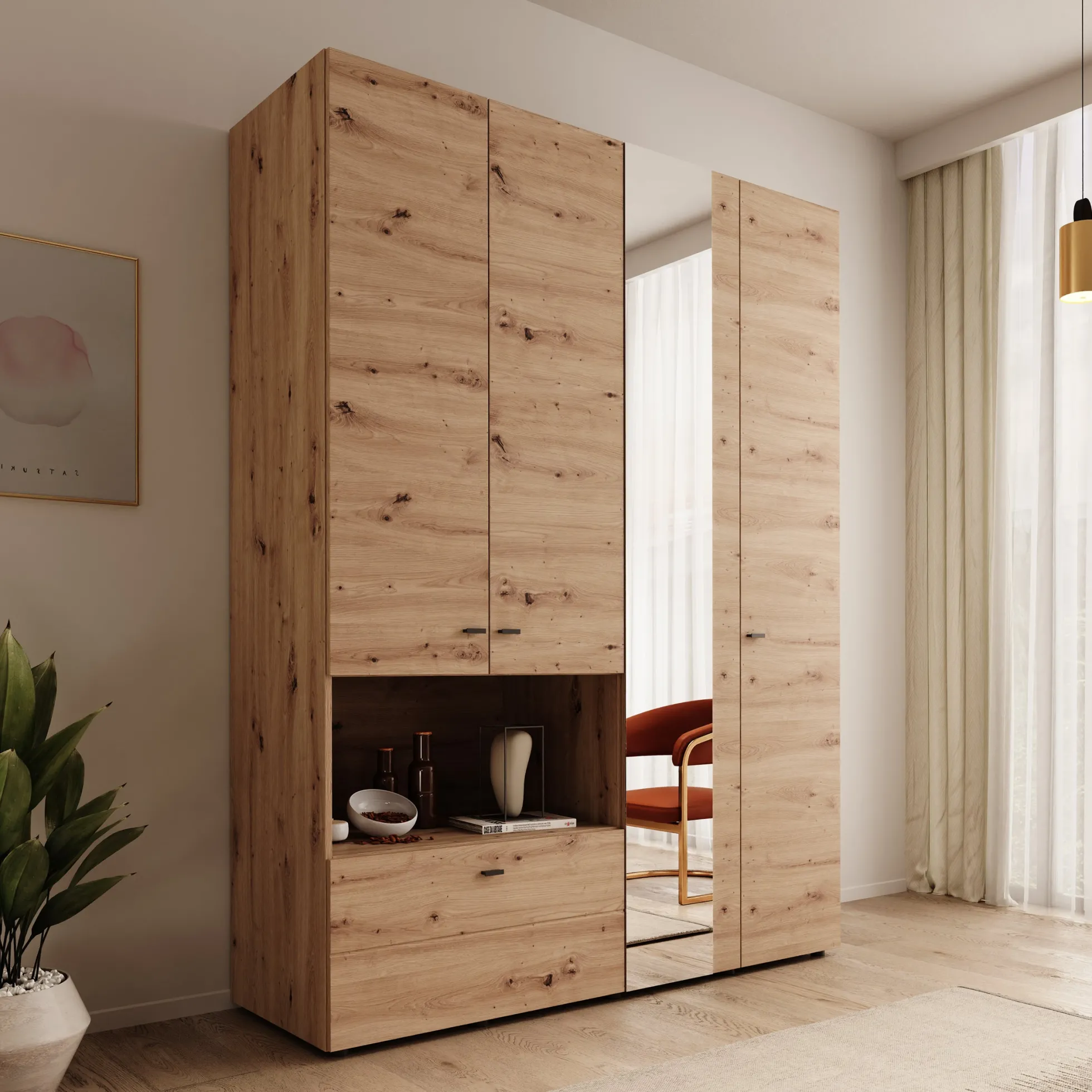Calista - Kledingkast met 4 deuren - Eikenpatroon - 155x52x208 cm