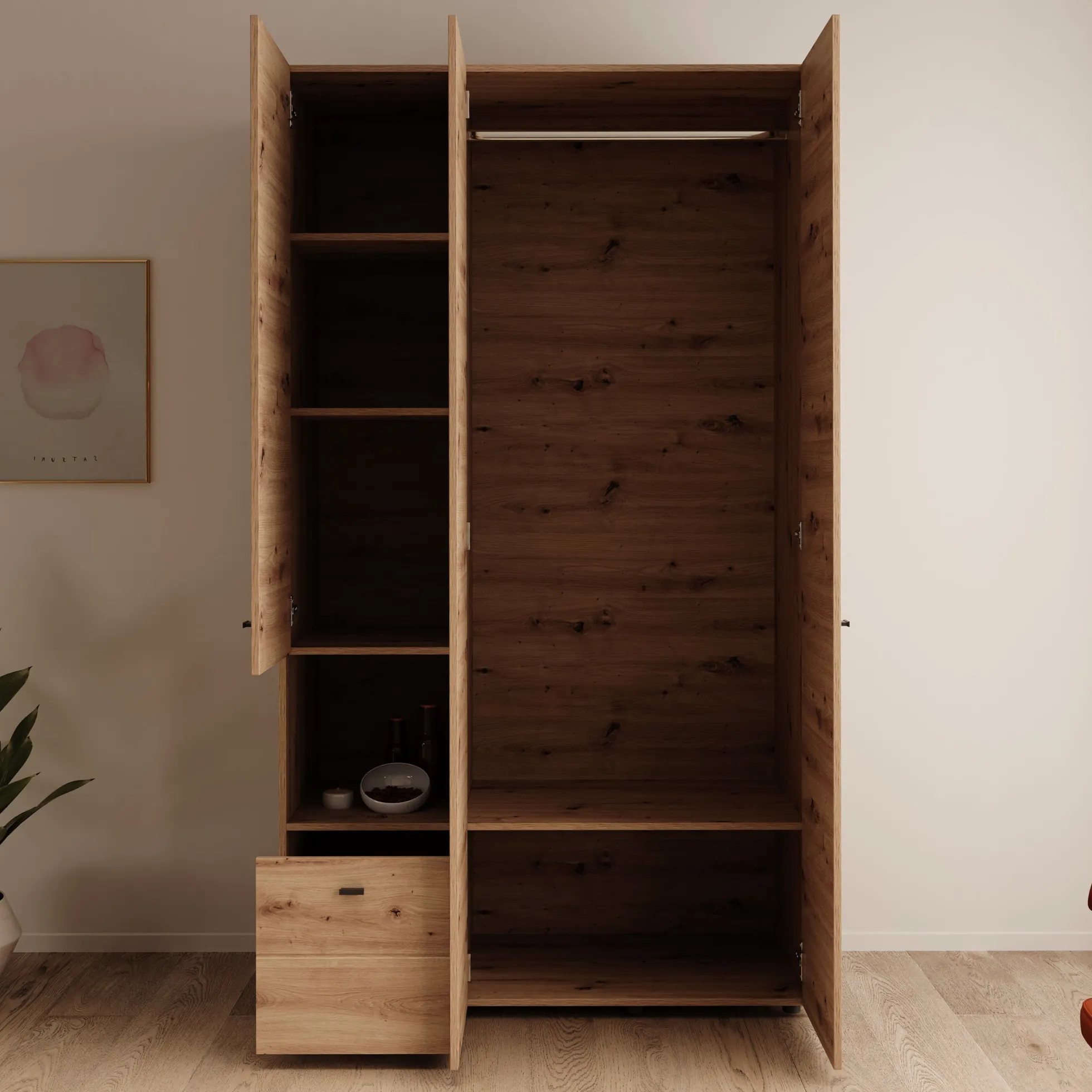 Calista - Kledingkast met 3 deuren - Eikenpatroon - 117x52x208 cm
