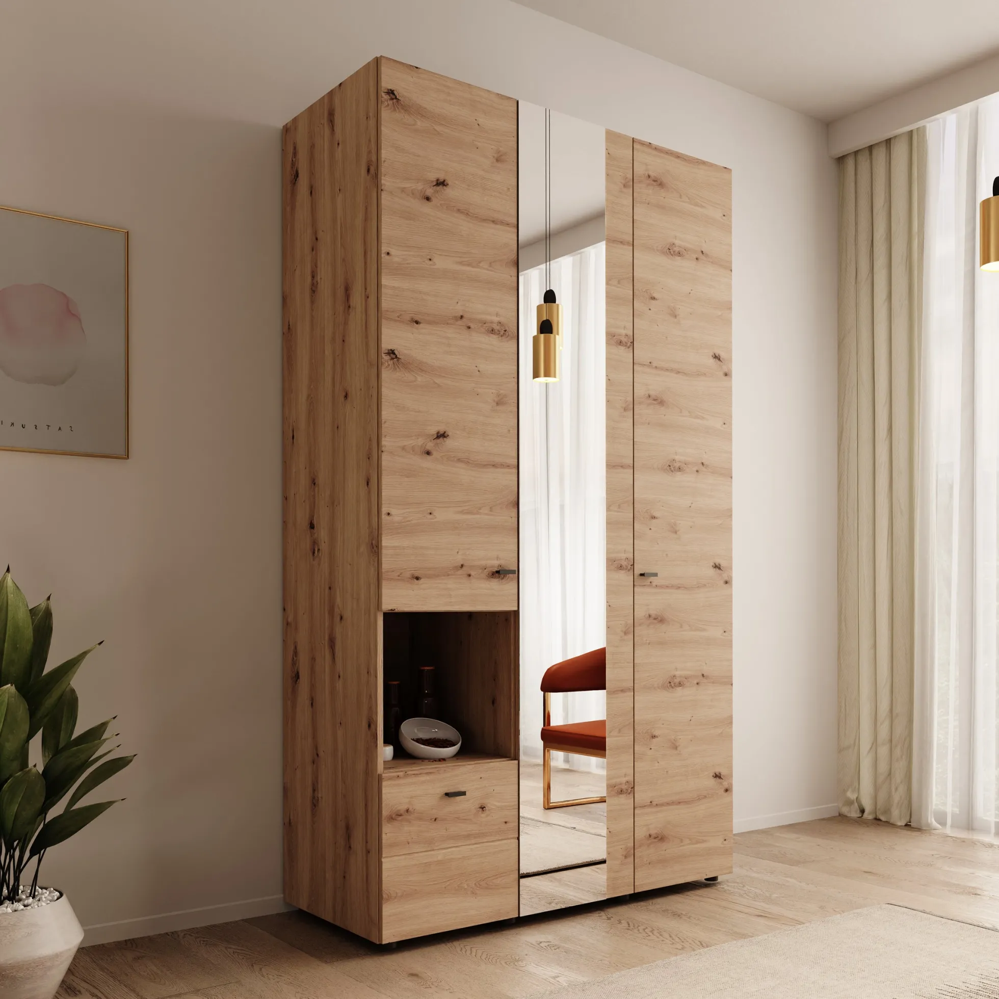 Calista - Kledingkast met 3 deuren - Eikenpatroon - 117x52x208 cm