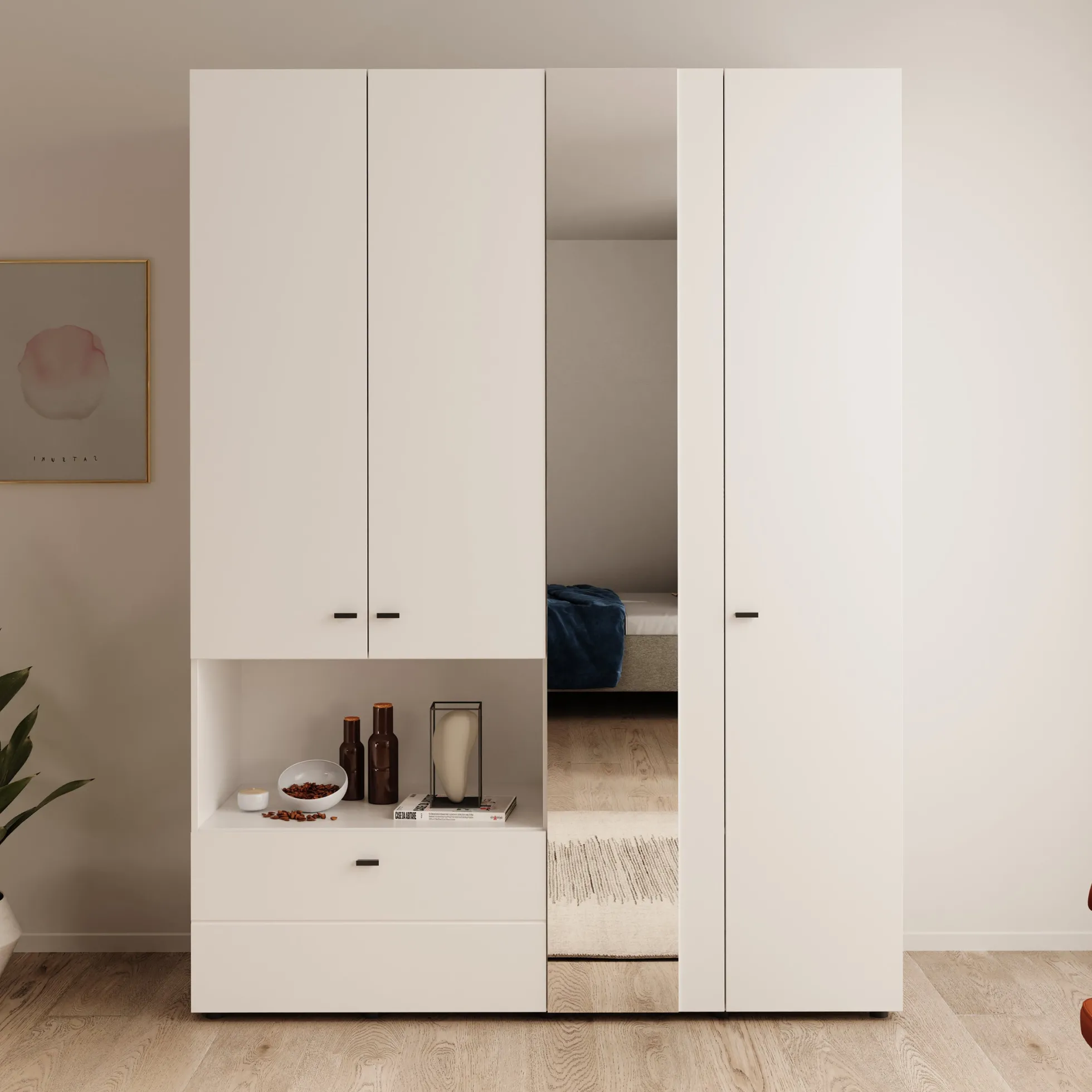 Calista - Kledingkast met 4 deuren - Wit - 155x52x208 cm