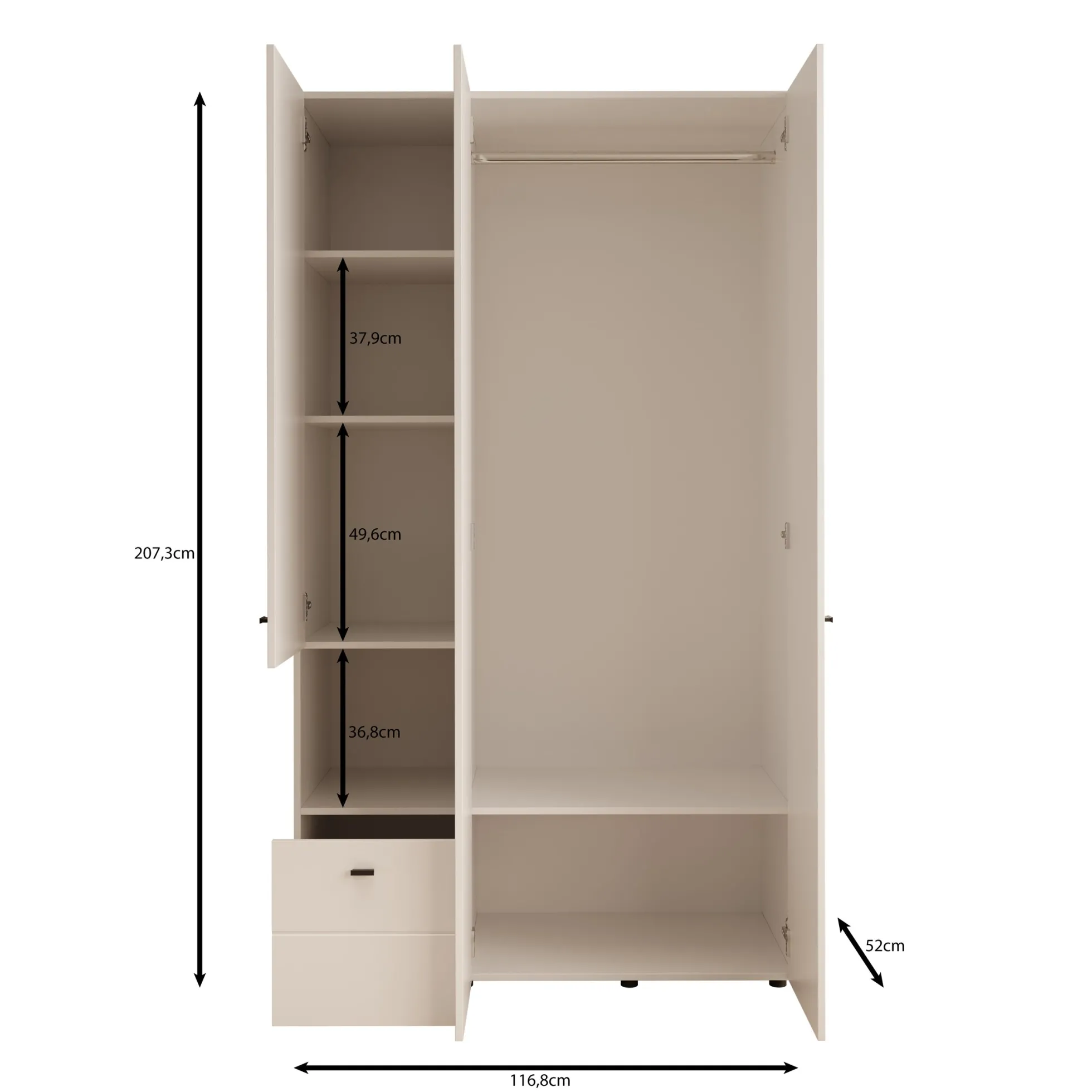 Calista - Kledingkast met 3 deuren - Wit - 117x52x208 cm
