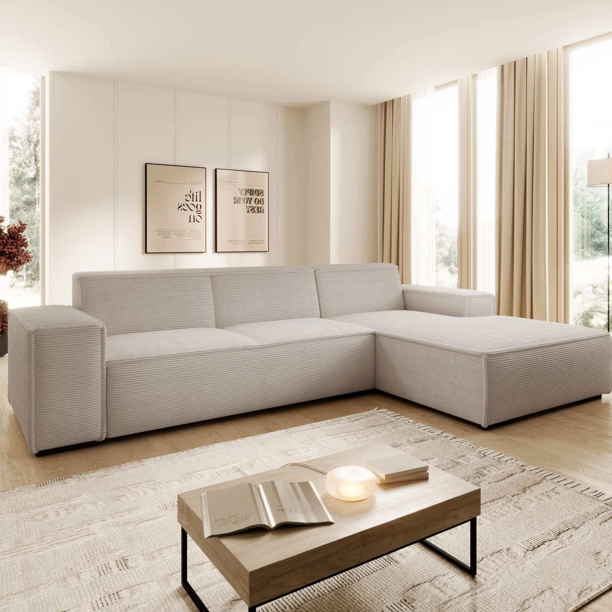 Cardiff - Hoekbank 3-zits met chaise longue - Ribstof beige - Rechts