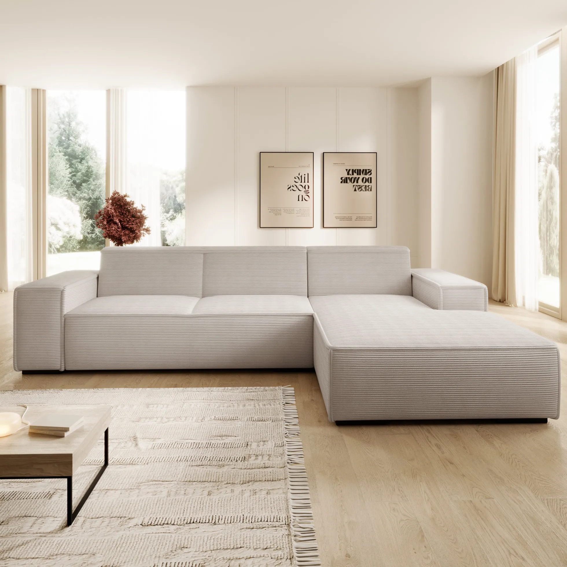 Cardiff - Hoekbank 3-zits met chaise longue - Ribstof beige - Rechts