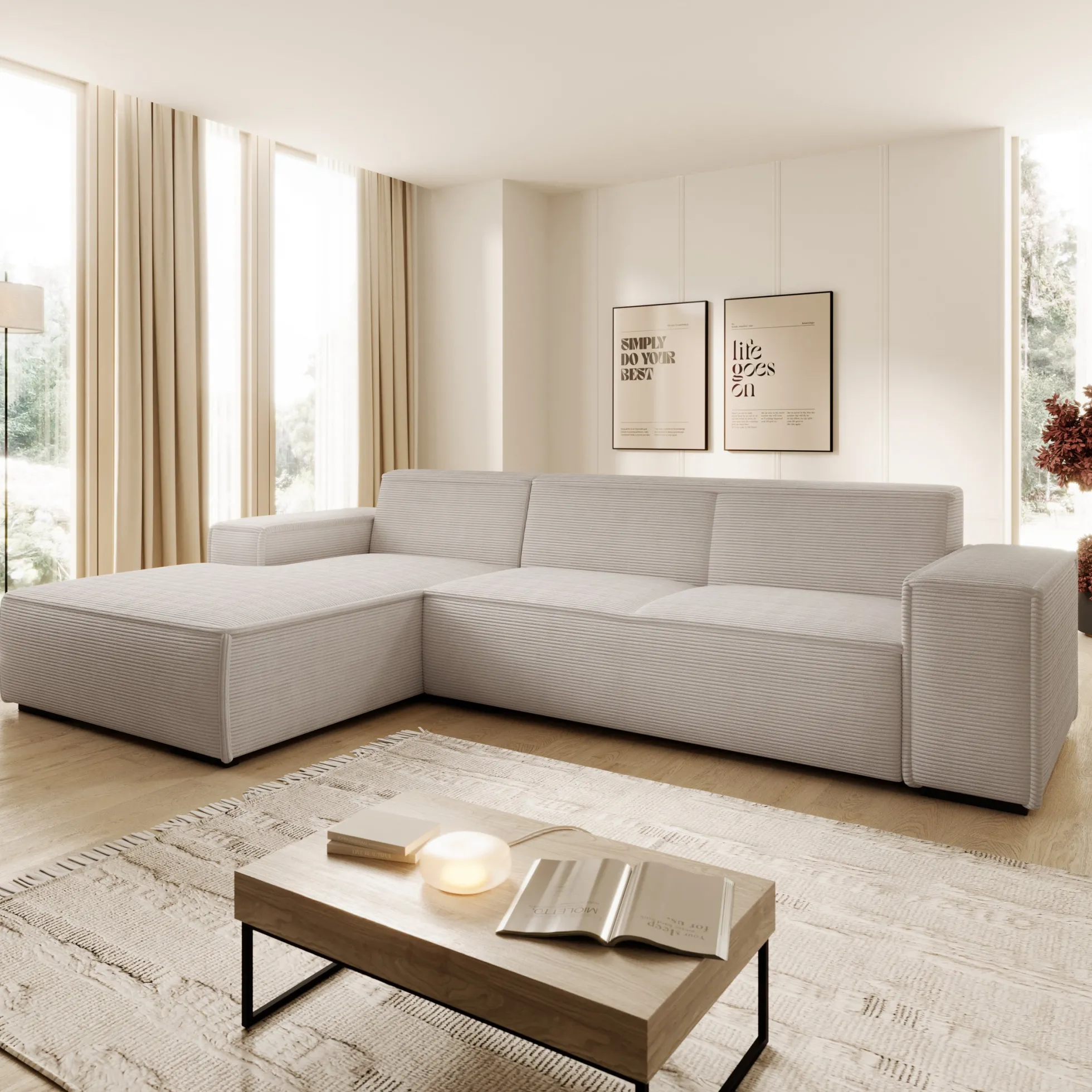Cardiff - Hoekbank 3-zits met chaise longue - Ribstof beige - Links