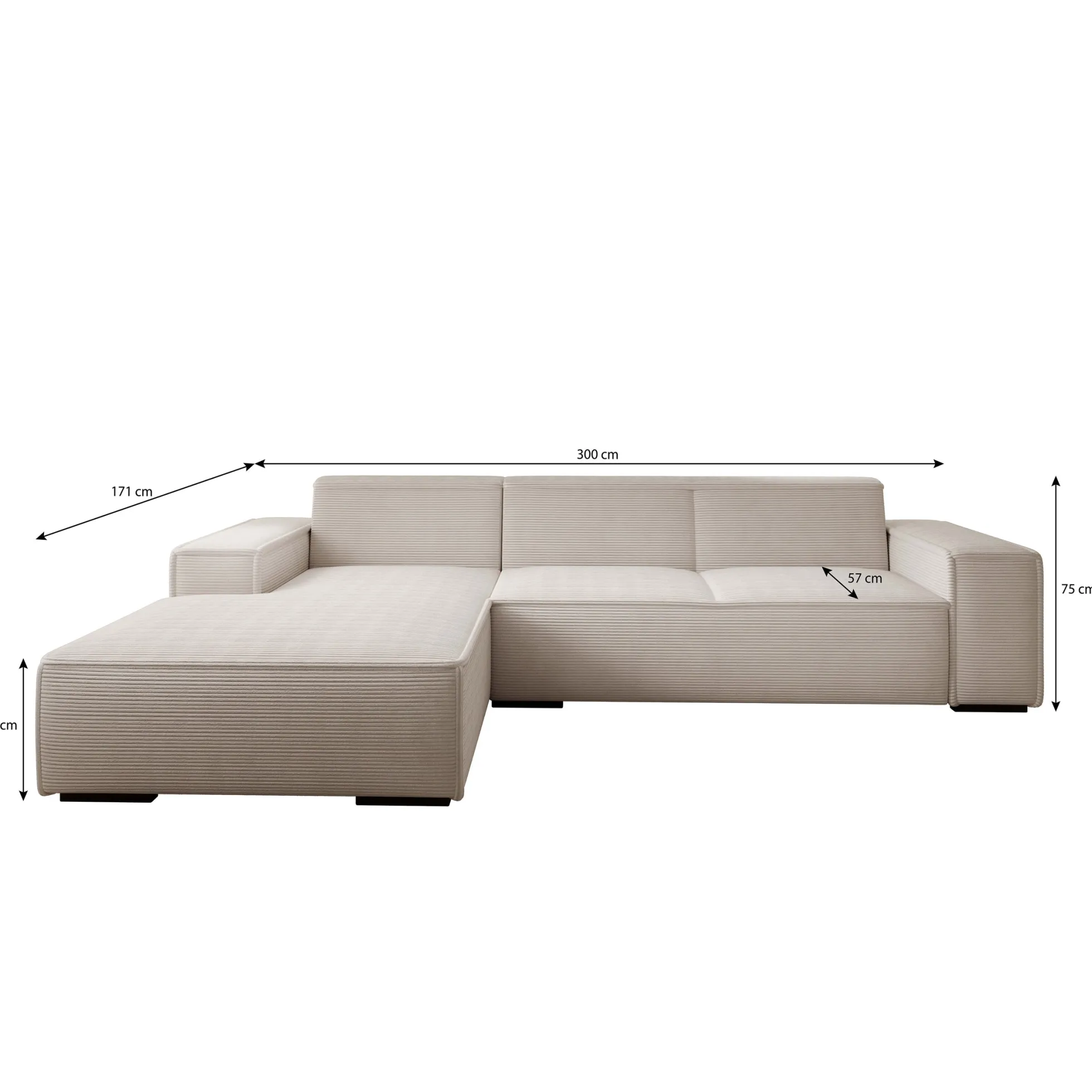 Cardiff - Hoekbank 3-zits met chaise longue - Ribstof beige - Links