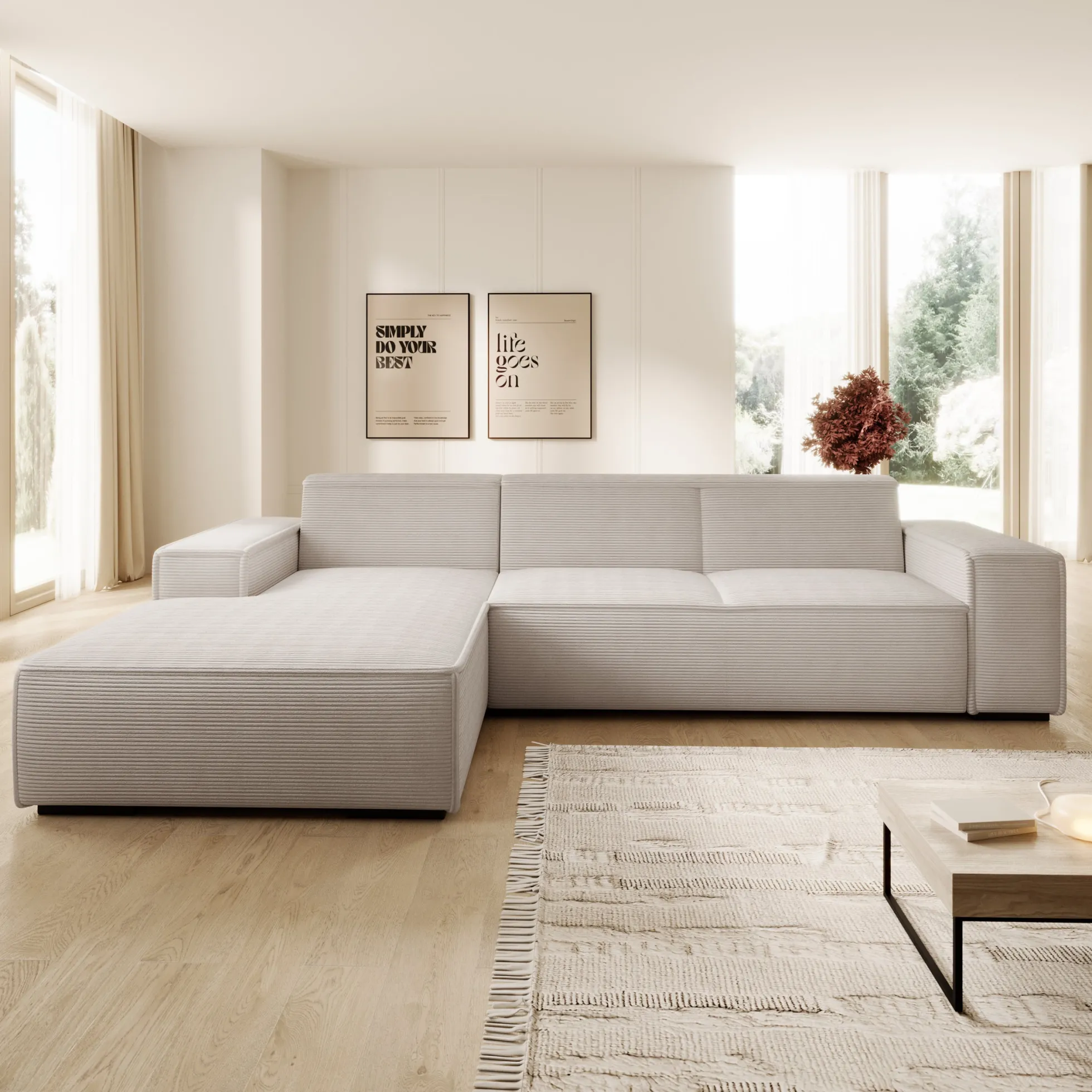 Cardiff - Hoekbank 3-zits met chaise longue - Ribstof beige - Links