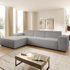 Cardiff - Hoekbank 3-zits met chaise longue - Ribstof grijs - Links