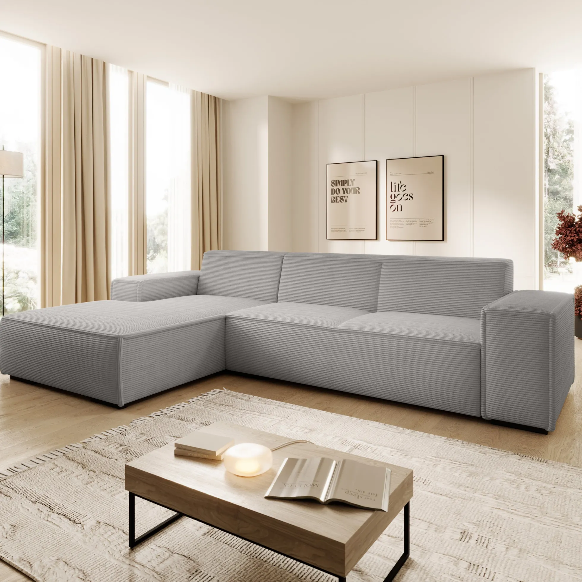 Cardiff - Hoekbank 3-zits met chaise longue - Ribstof grijs - Links