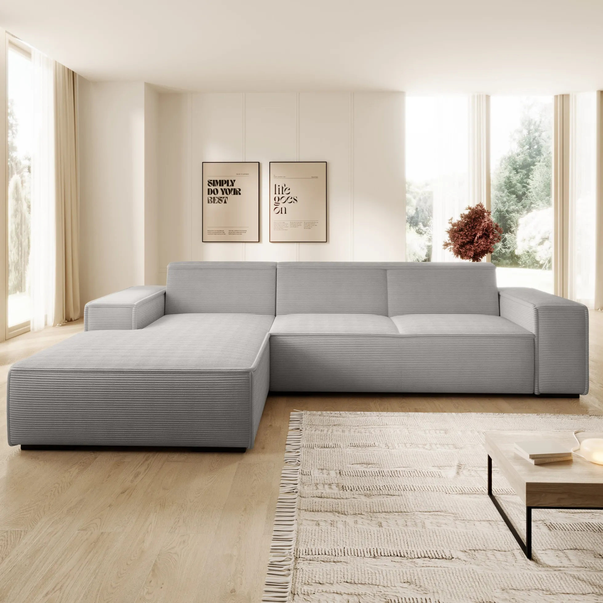 Cardiff - Hoekbank 3-zits met chaise longue - Ribstof grijs - Links