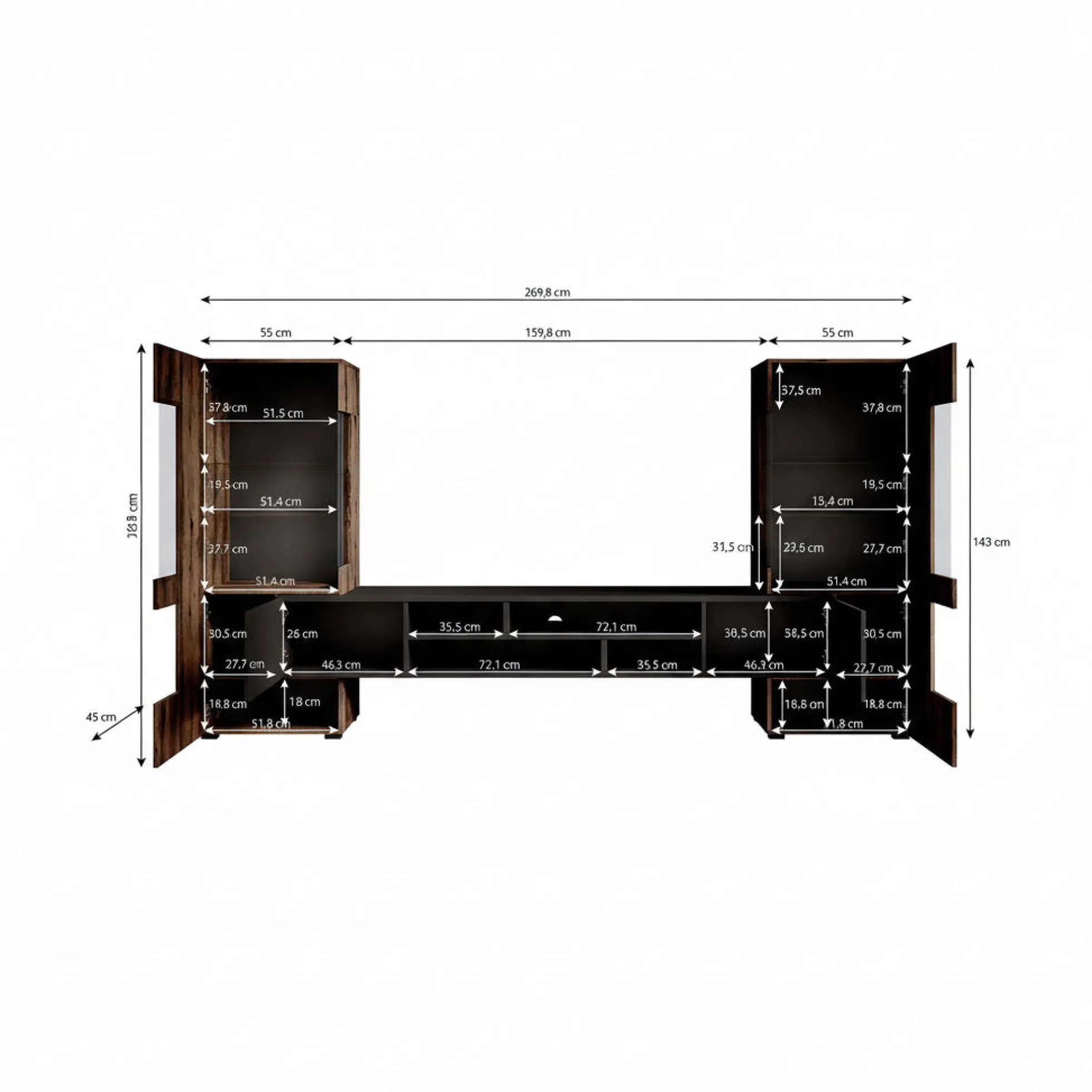 Charo - Wandmeubel - Eiken/zwart - 270x45x143 cm