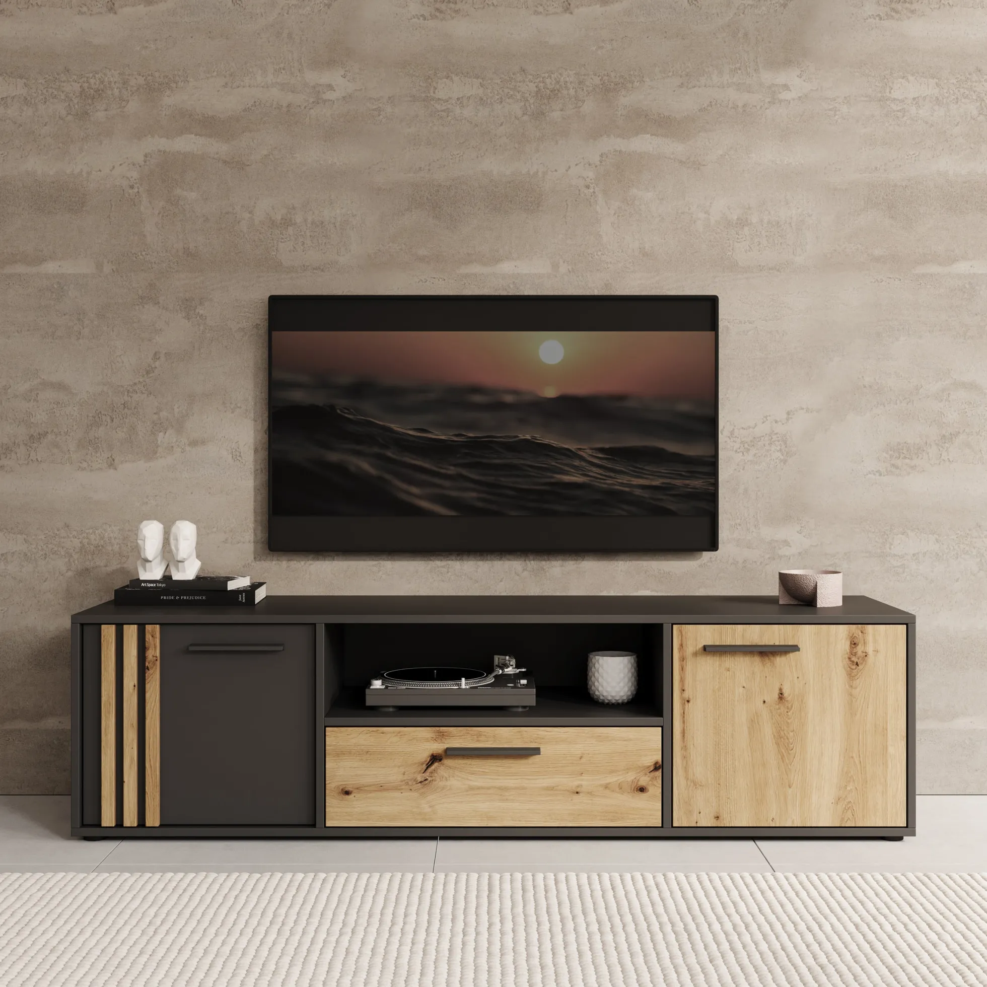 Clover - TV-Meubel - Eiken/Zwart - 163x42x44 cm