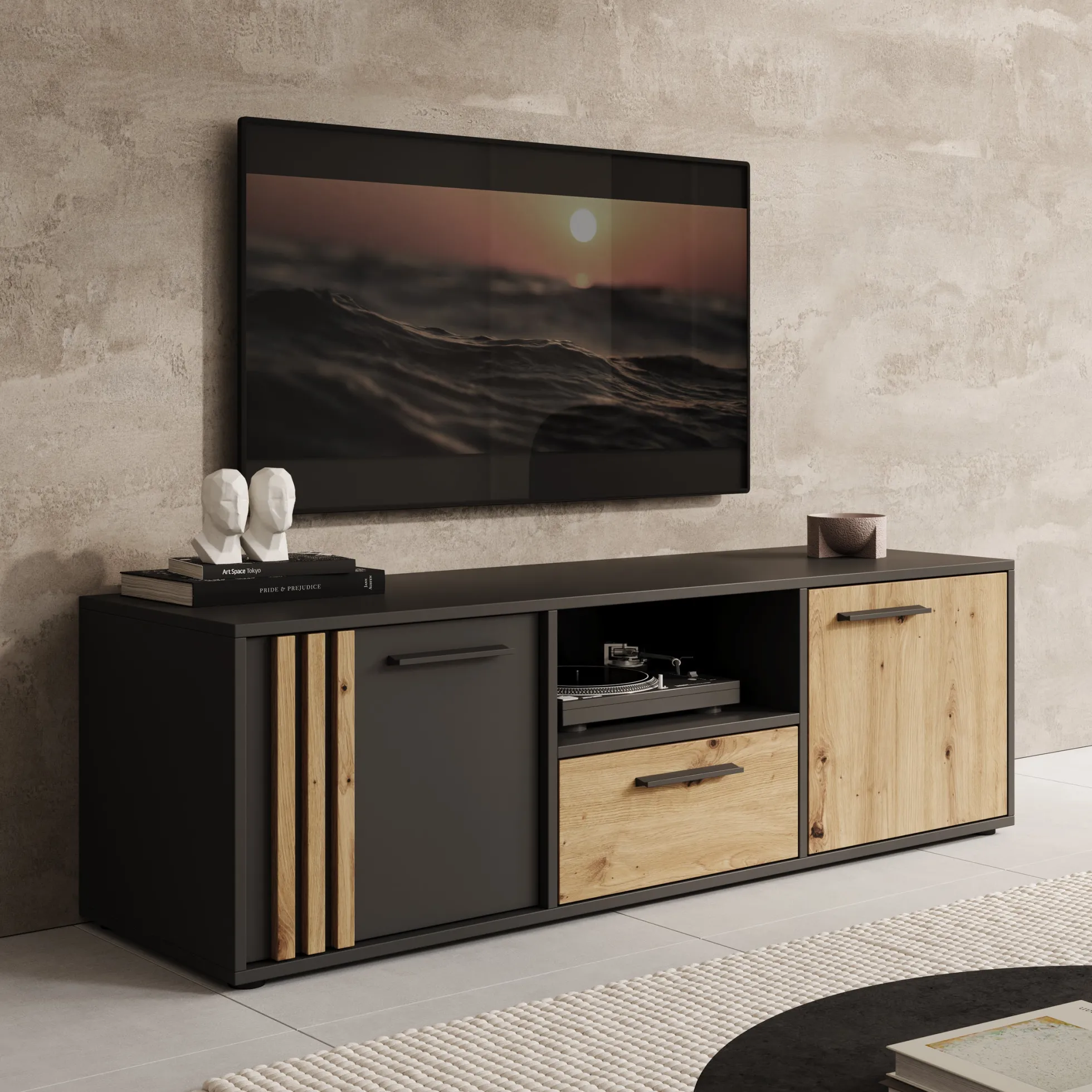 Clover - TV-Meubel - Eiken/Zwart - 143x42x44 cm